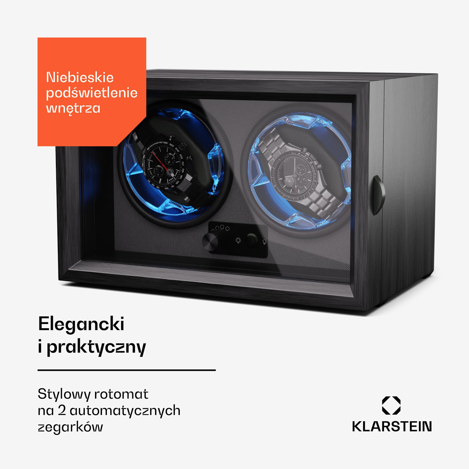 Brienz 2, rotomat do zegarków, 2 zegarki, 4 tryby, wygląd drewna, niebieskie oświetlenie 2 zegarki | Czarny