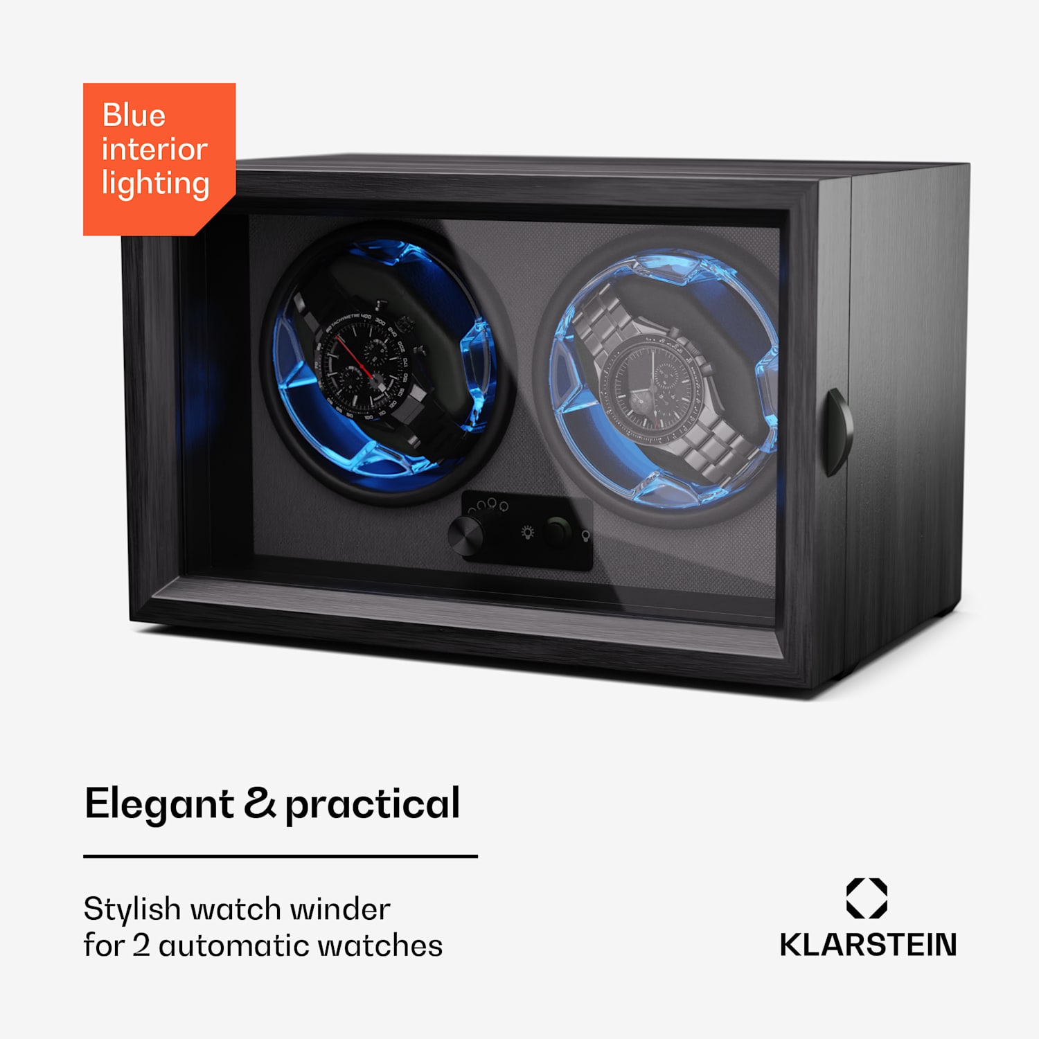 Enrolador de relógio Brienz 2, 2 relógios, 4 modos, aspecto de madeira, iluminação interior azul 2 relógios | Preto