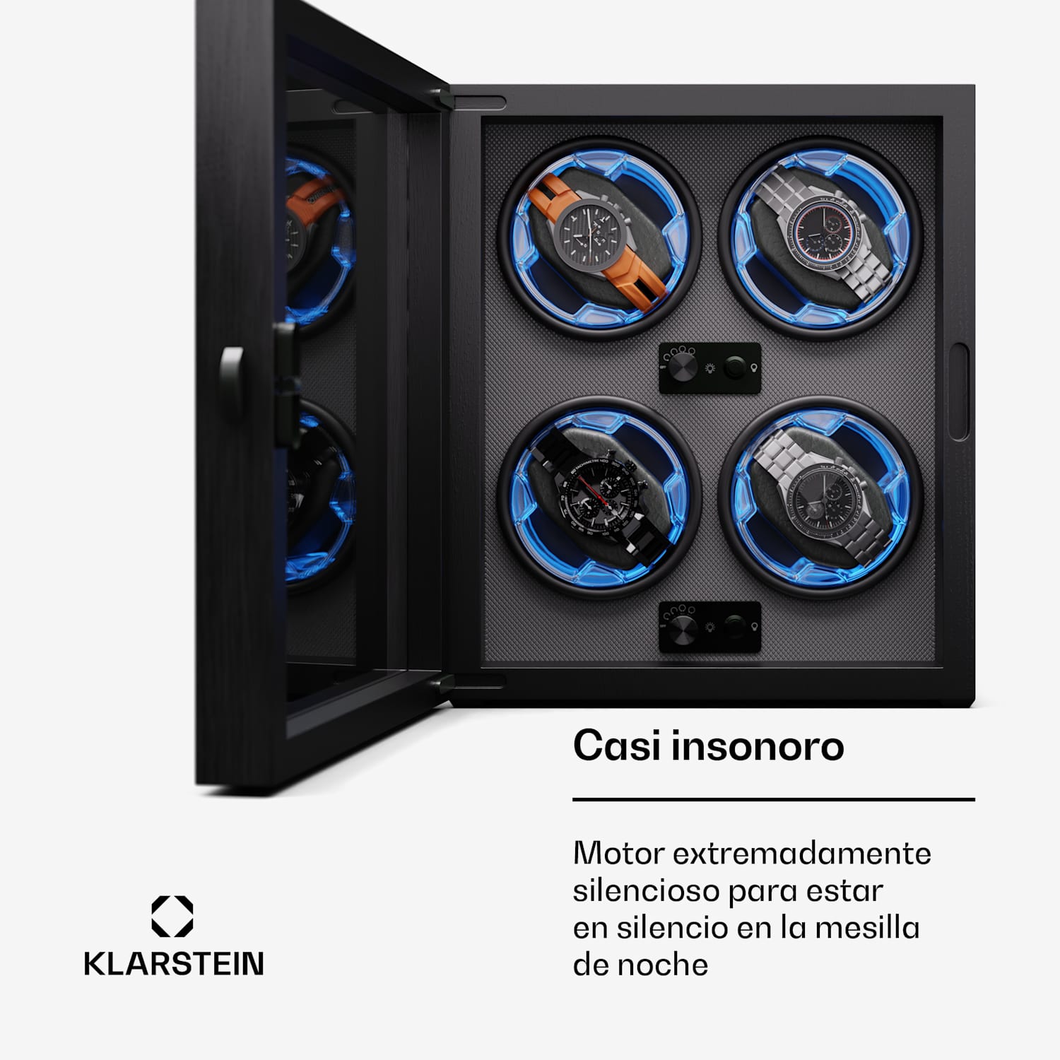 Brienz 4 cuerda de reloj, 4 relojes, 4 modos, aspecto de madera, iluminación interior azul 4 relojes | Negro