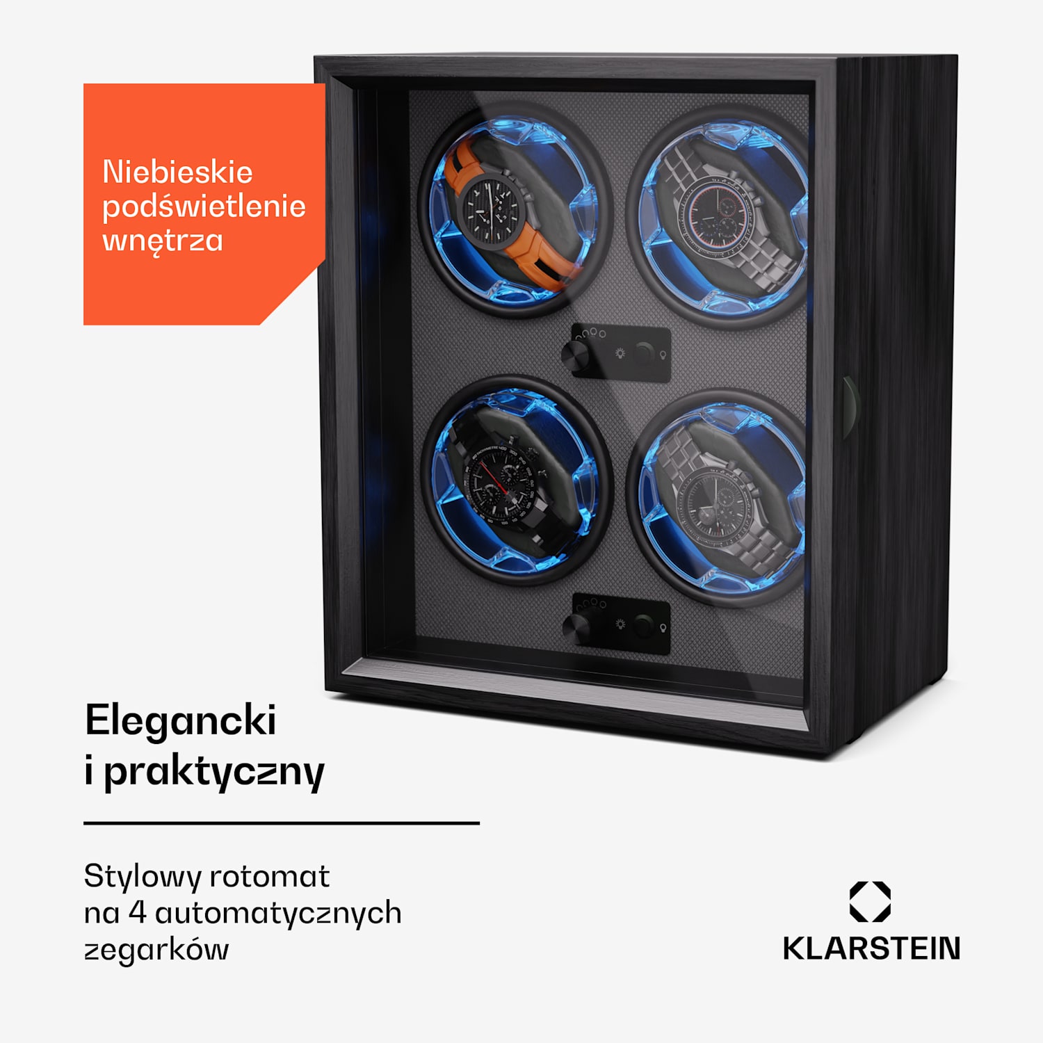 Brienz 4, rotomat do zegarków, 4 zegarki, 4 tryby, wygląd drewna, niebieskie oświetlenie 4 zegarki | Czarny