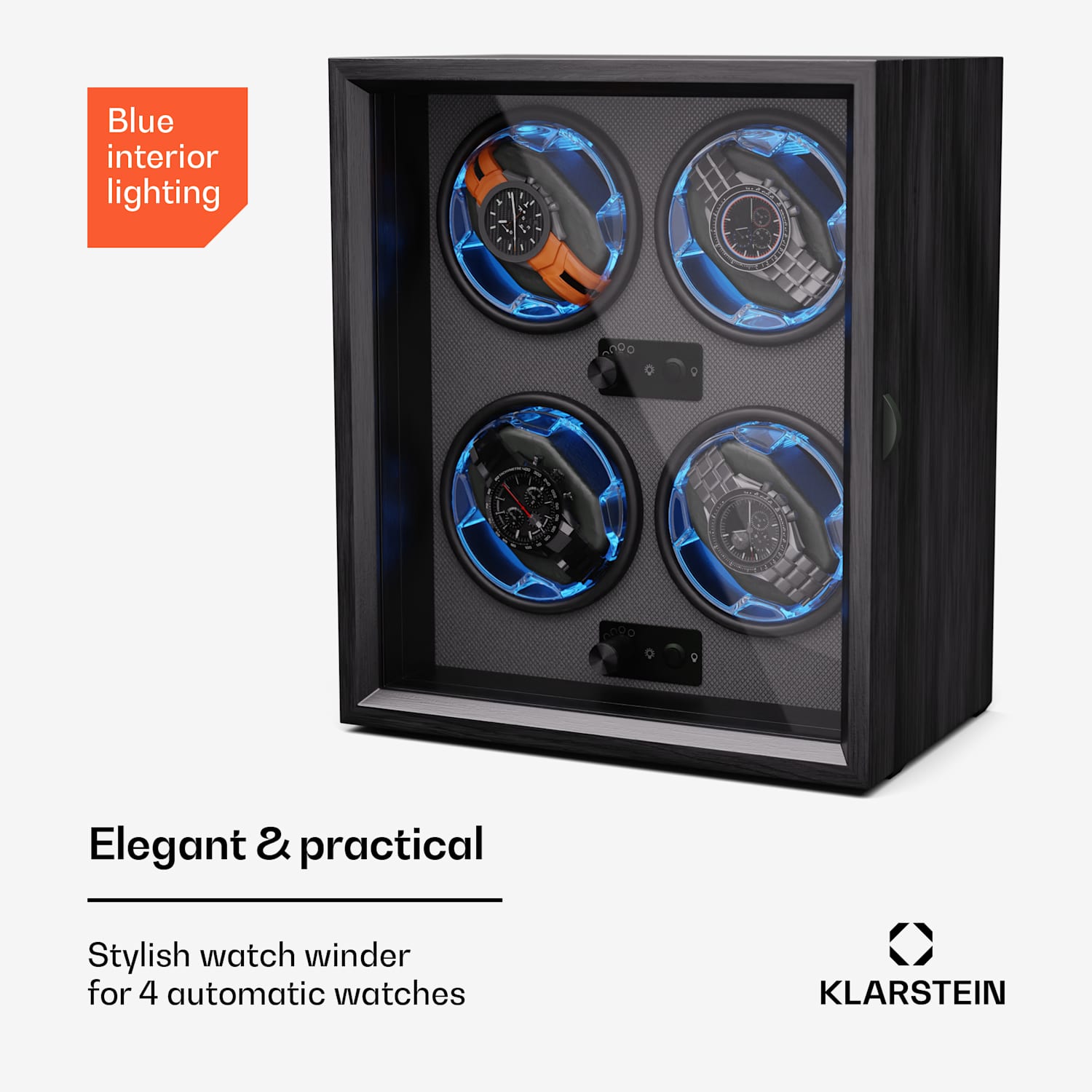 Brienz 4 watchwinder, 4 horloges, 4 modi, houten look, blauwe binnenverlichting 4 horloges | Zwart