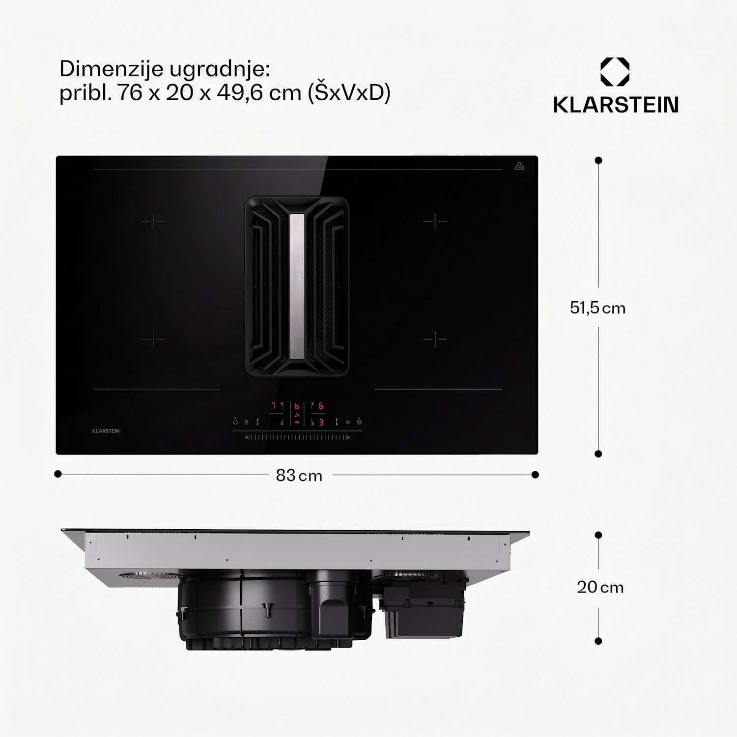 AirJet 83, Down Air System, indukcijsko kuhalo + DownAir-digester, 754 m³/h, A 83 cm | AirJet | Crna