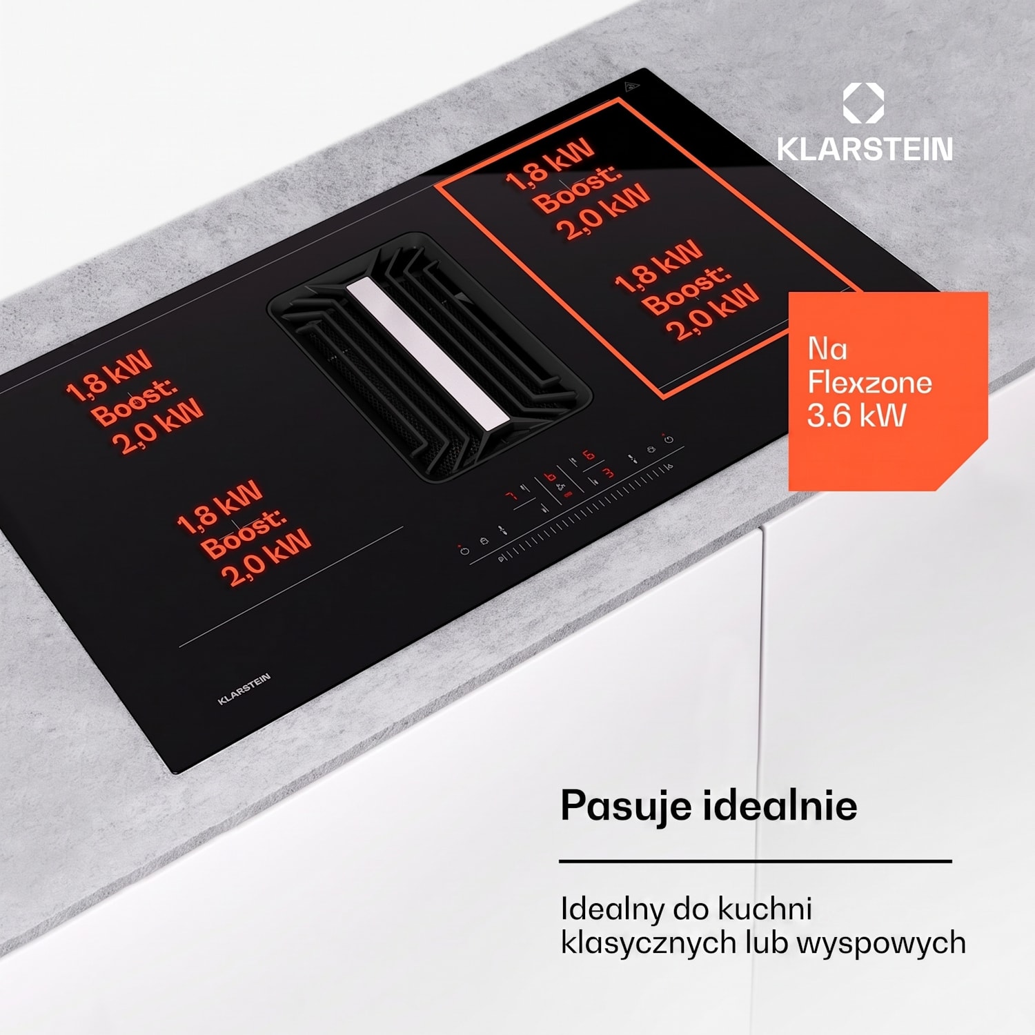 AirJet 83, płyta indukcyjna z okapem, system Down Air, 754 m³/h, klasa energetyczna A 83 cm | AirJet | Czarny