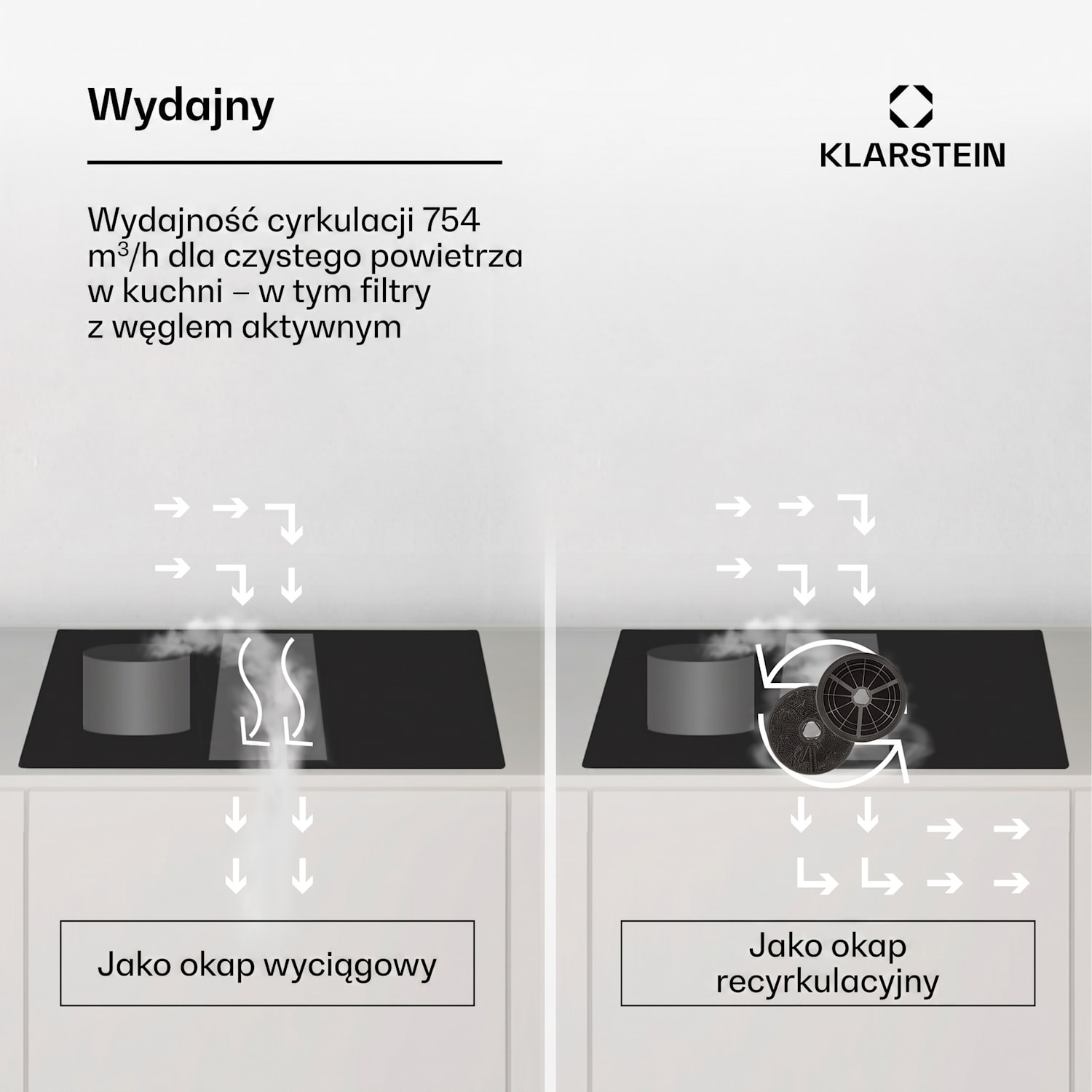 AirJet 83, płyta indukcyjna z okapem, system Down Air, 754 m³/h, klasa energetyczna A 83 cm | AirJet | Czarny