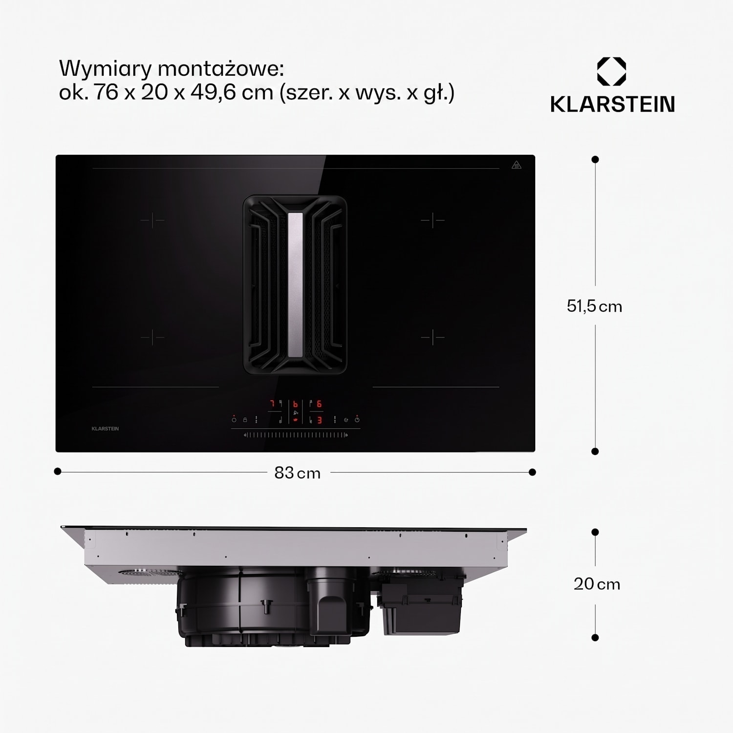 AirJet 83, płyta indukcyjna z okapem, system Down Air, 754 m³/h, klasa energetyczna A 83 cm | AirJet | Czarny