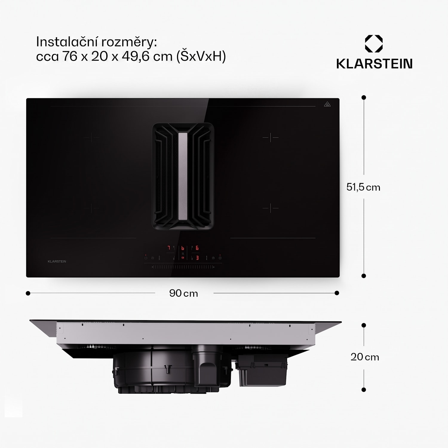 AirJet 90, Down Air System, indukční varná deska, zabudovaná digestoř DownAir, 754 m³/h, energetická třída A 
