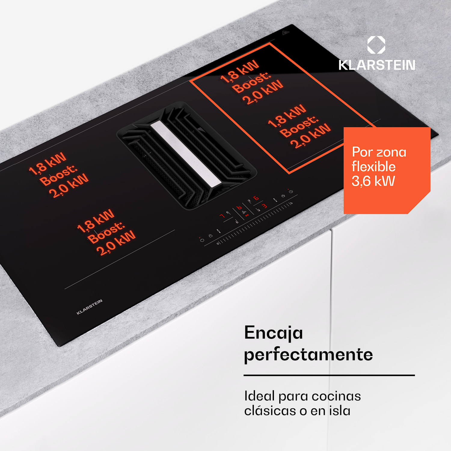 Placa de inducción AirJet 90 Down Air System + campana extractora DownAir 754 m³/h A++ 