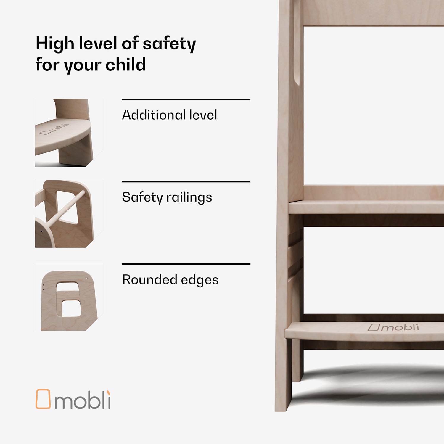 Ully Montessori, tanulótorony, MDF, 40,5 x 86 x 38 cm, állítható magasságú 