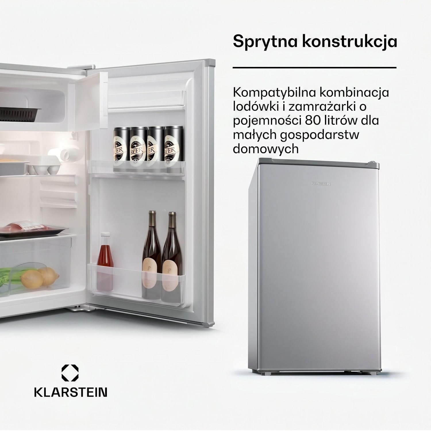 Cool Cousin, lodówka z zamrażalnikiem, 70/11 l, 40 dB, 2 półki, klasa energetyczna E Srebrny Metal