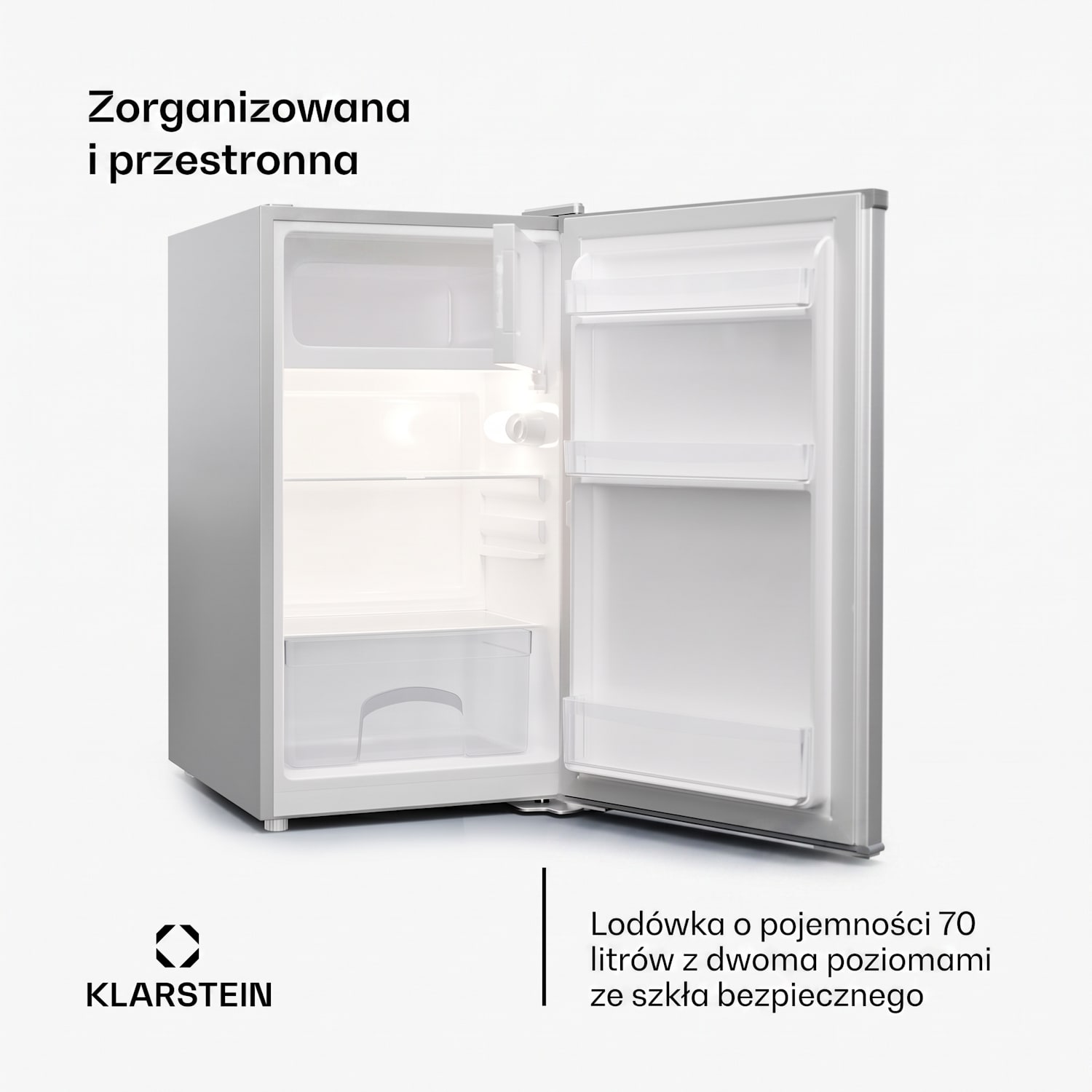 Cool Cousin, lodówka z zamrażalnikiem, 70/11 l, 40 dB, 2 półki, klasa energetyczna E Srebrny Metal
