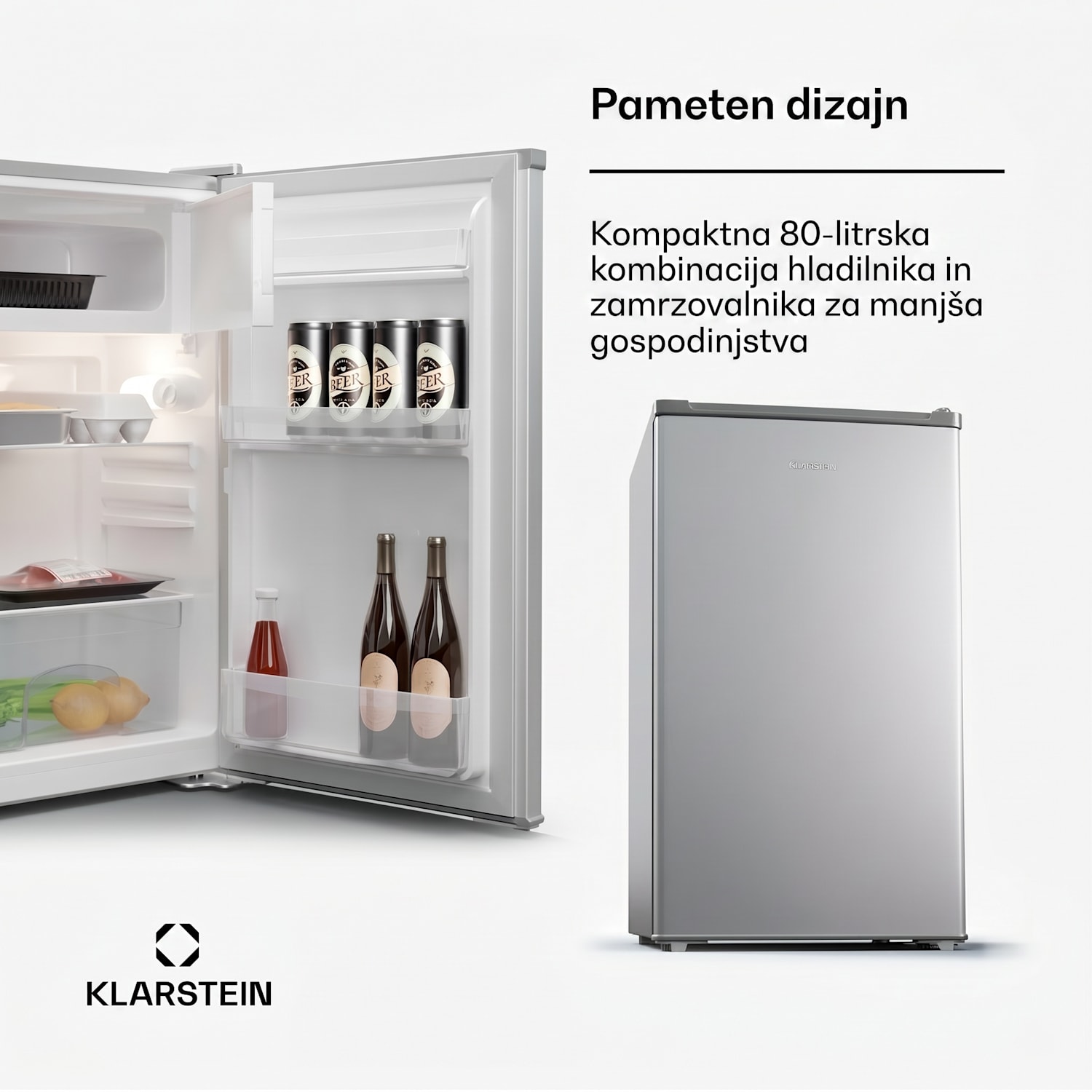 Cool Cousin, hladilnik z zamrzovalnikom, 70/11 litrov, 40 dB, 2 polici Srebrna kovinska barva
