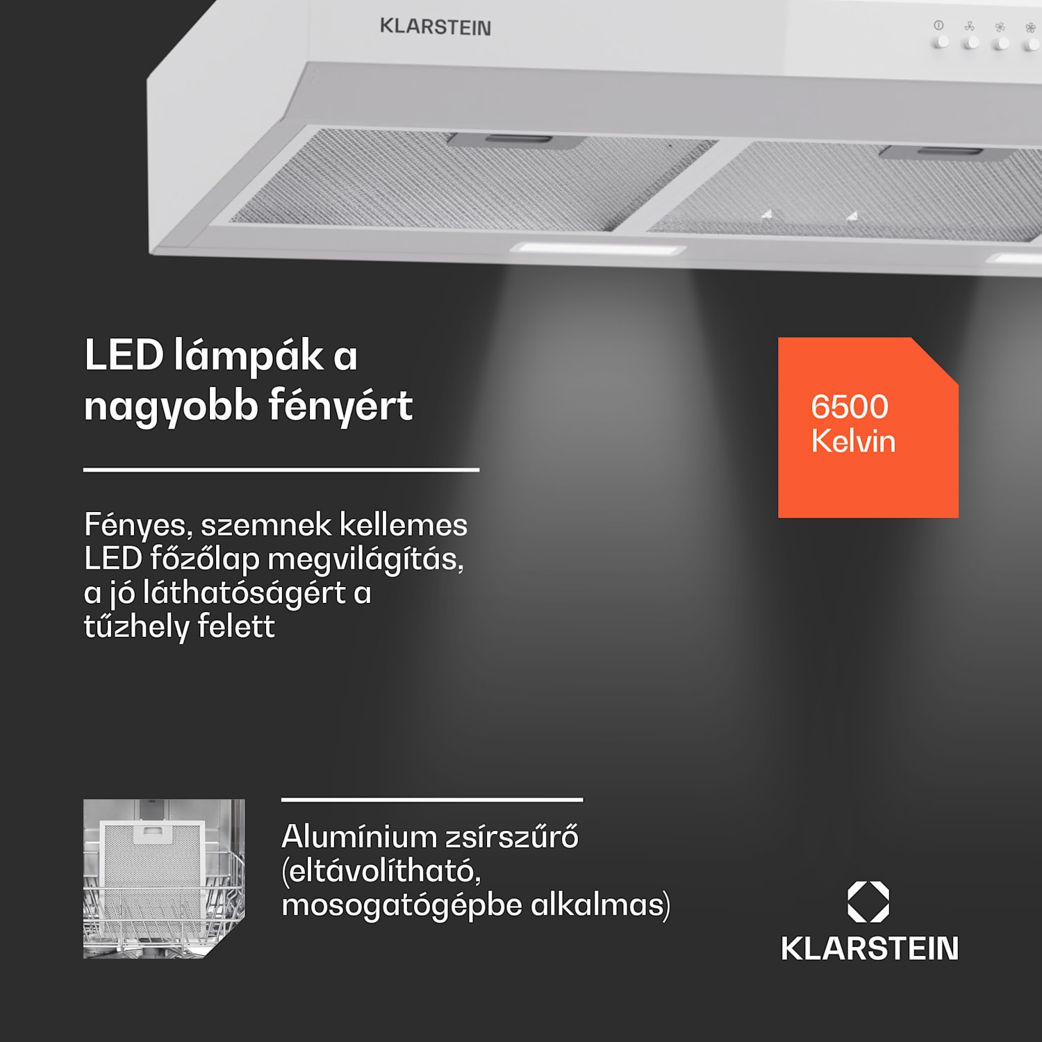 Contempo 90, páraelszívó, 90 cm-es, szekrény alatti, 200 m³/ó, LED, akril, rozsdamentes acél 90 cm | Fehér