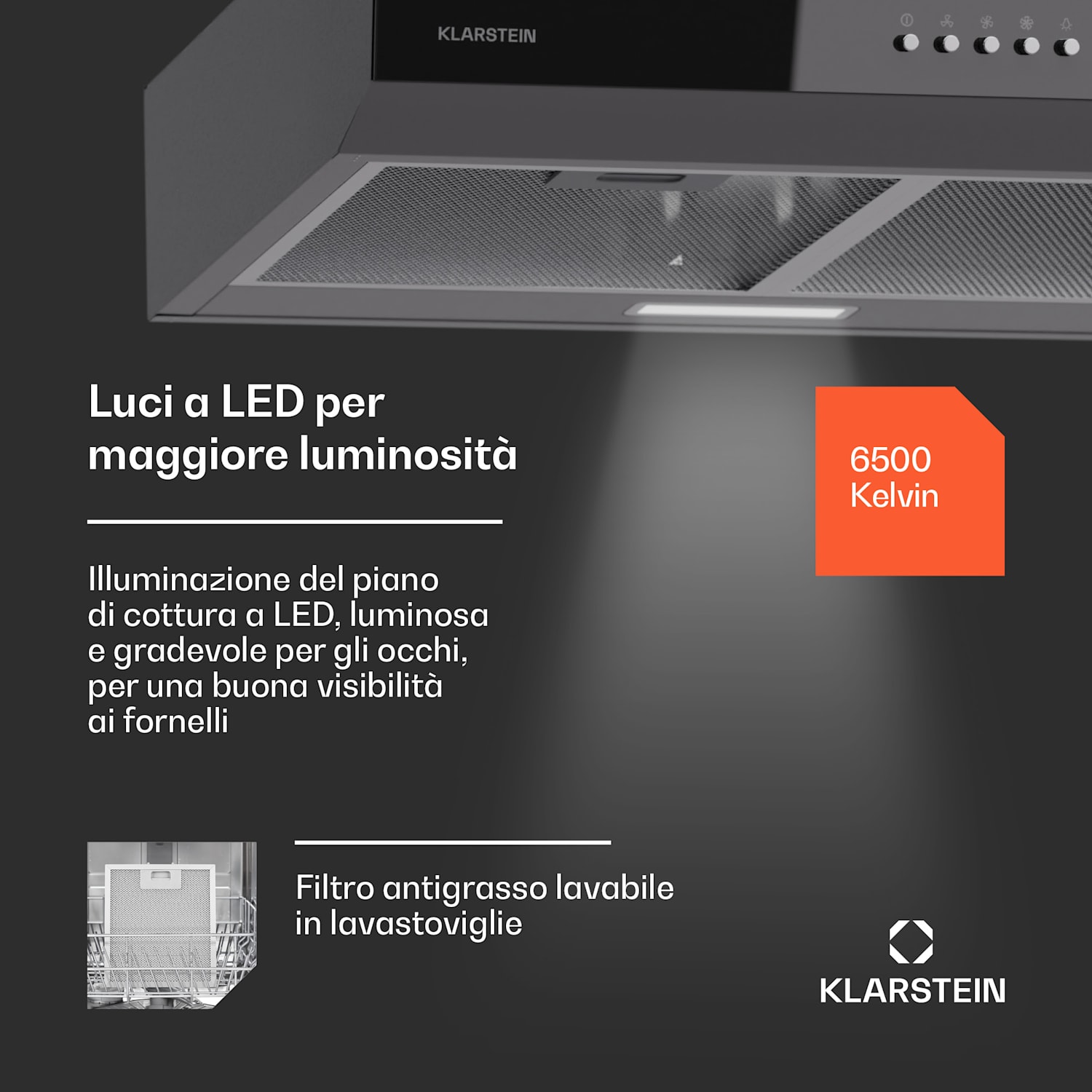 Contempo 60 - Cappa aspirante sottopensile, 60 cm, 200 m³/ora, LED, acciaio inox, vetro acrilico 60 cm | Argento