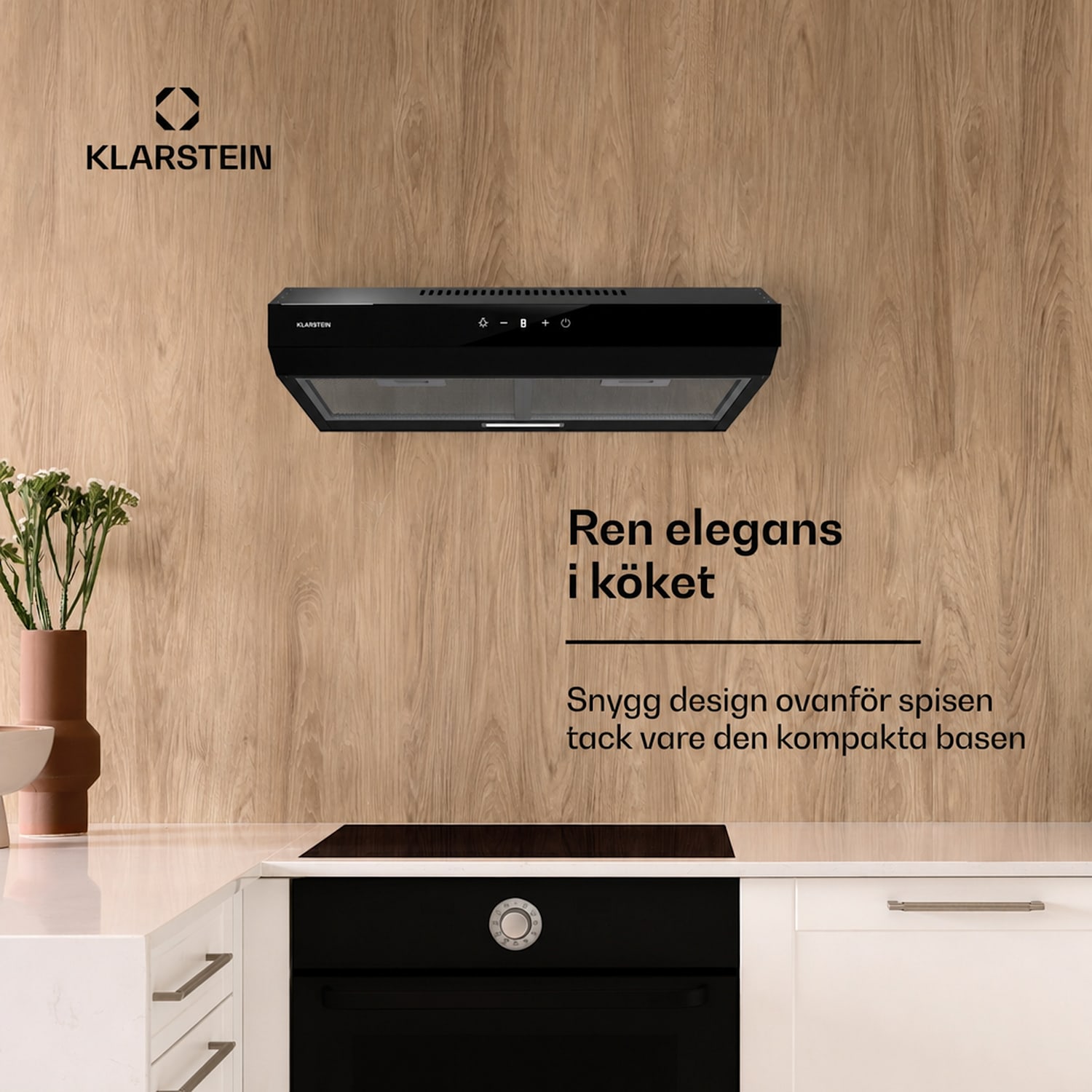 Contempo Neo underbyggd köksfläkt, frånluft/recirkulation, 199 m³/h frånluftkapacitet, SenseControl, integrerad pekskärm, front i rostfritt stål/akrylglas 