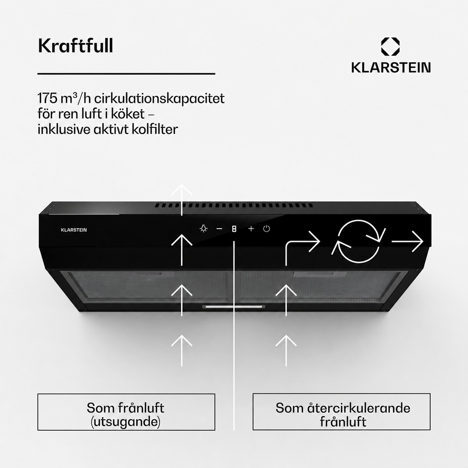 Contempo Neo underbyggd köksfläkt, frånluft/recirkulation, 199 m³/h frånluftkapacitet, SenseControl, integrerad pekskärm, front i rostfritt stål/akrylglas 