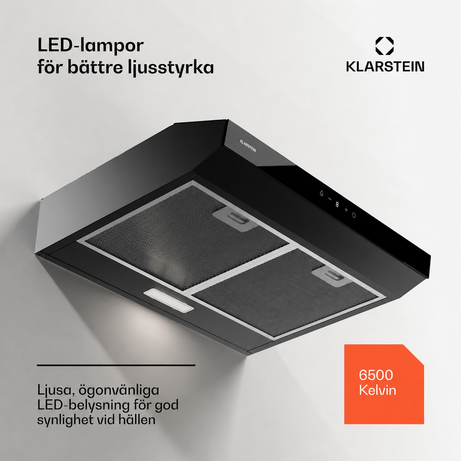 Contempo Neo underbyggd köksfläkt, frånluft/recirkulation, 199 m³/h frånluftkapacitet, SenseControl, integrerad pekskärm, front i rostfritt stål/akrylglas 