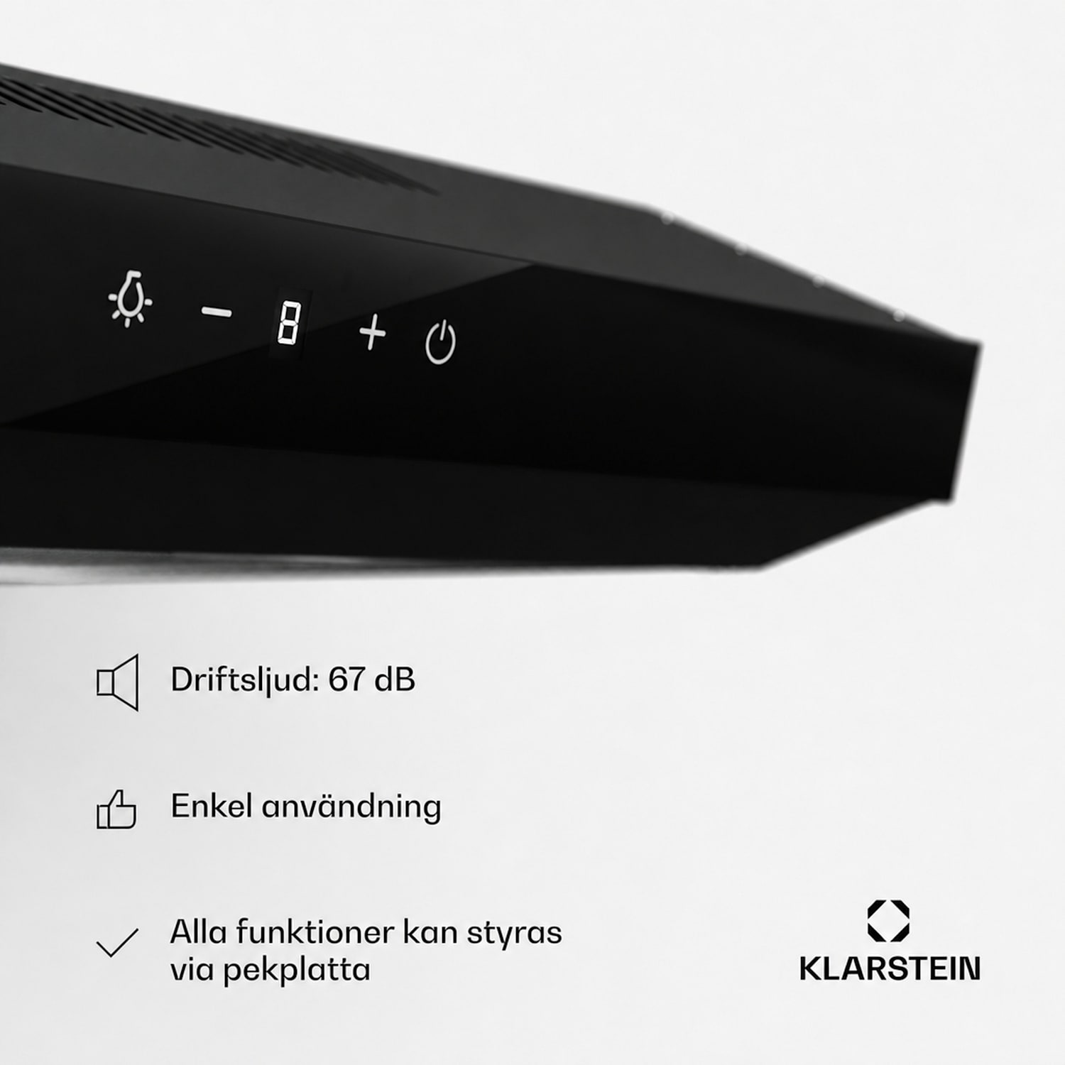 Contempo Neo underbyggd köksfläkt, frånluft/recirkulation, 199 m³/h frånluftkapacitet, SenseControl, integrerad pekskärm, front i rostfritt stål/akrylglas 