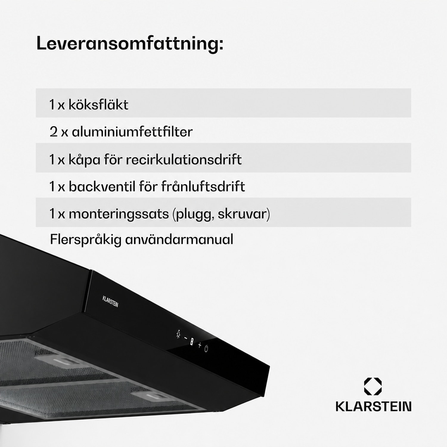 Contempo Neo underbyggd köksfläkt, frånluft/recirkulation, 199 m³/h frånluftkapacitet, SenseControl, integrerad pekskärm, front i rostfritt stål/akrylglas 