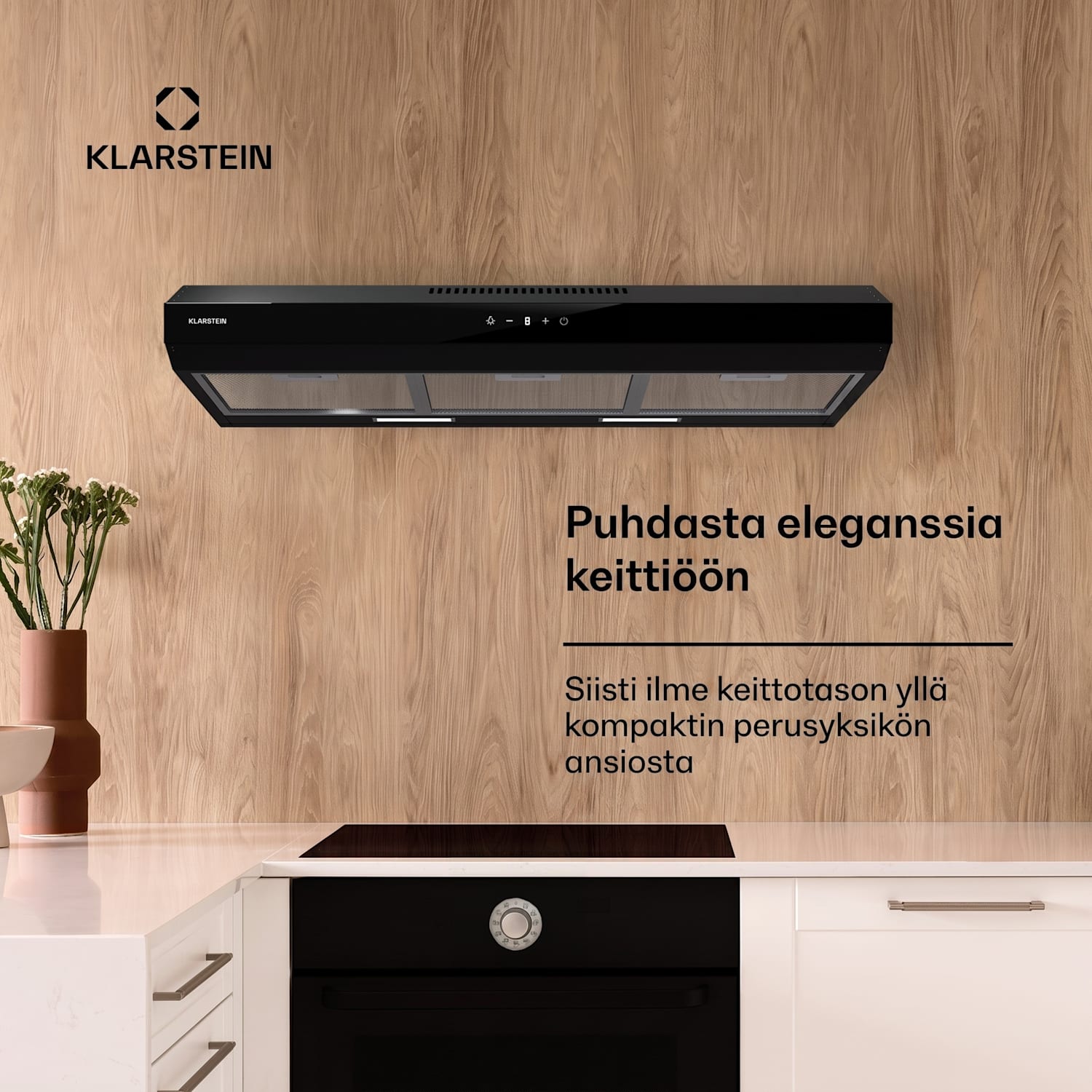 Contempo Neo liesituuletin yläkaapin alle poistoilma/kiertoilma 192 m³/h ilmanpoistoteho SenseControl integroitu kosketusohjaus ruostumaton teräs / pleksilasinen etusivu 