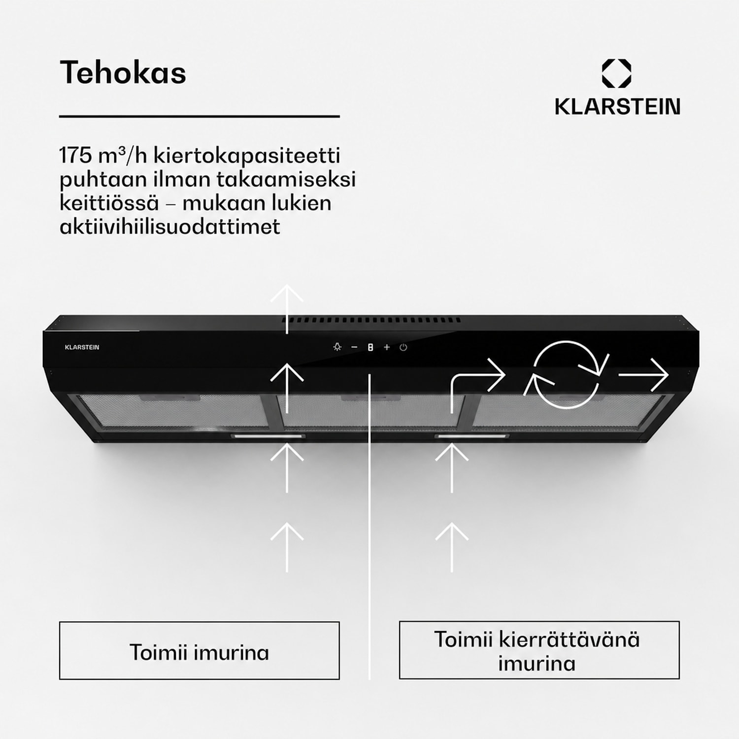 Contempo Neo liesituuletin yläkaapin alle poistoilma/kiertoilma 192 m³/h ilmanpoistoteho SenseControl integroitu kosketusohjaus ruostumaton teräs / pleksilasinen etusivu 