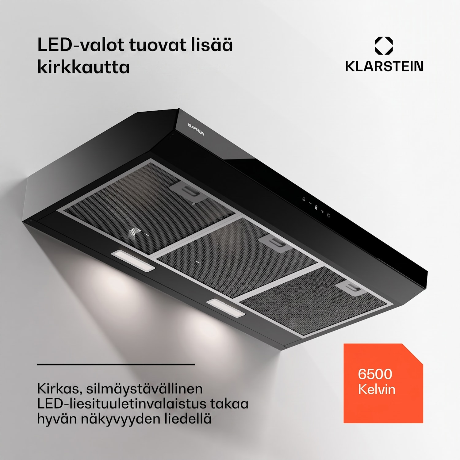 Contempo Neo liesituuletin yläkaapin alle poistoilma/kiertoilma 192 m³/h ilmanpoistoteho SenseControl integroitu kosketusohjaus ruostumaton teräs / pleksilasinen etusivu 