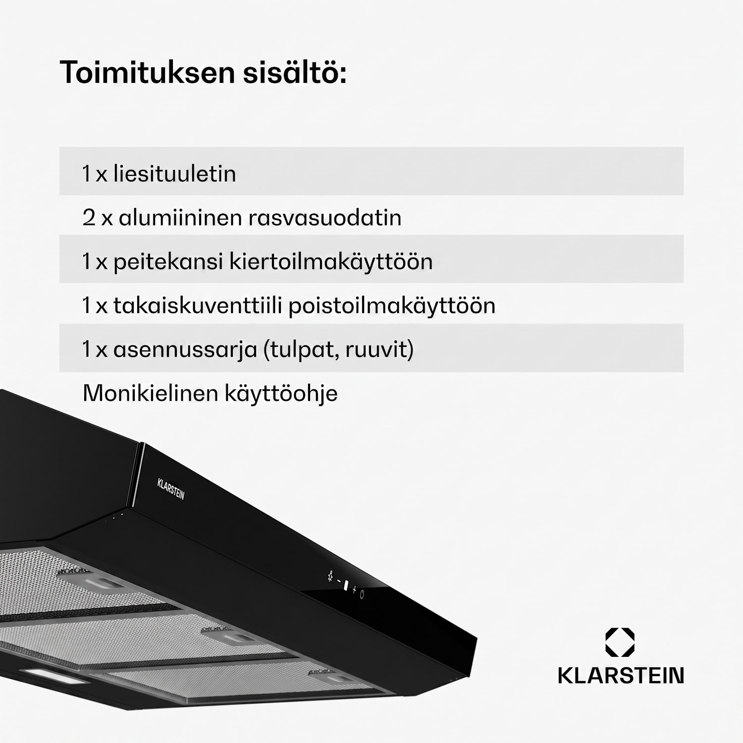 Contempo Neo liesituuletin yläkaapin alle poistoilma/kiertoilma 192 m³/h ilmanpoistoteho SenseControl integroitu kosketusohjaus ruostumaton teräs / pleksilasinen etusivu 