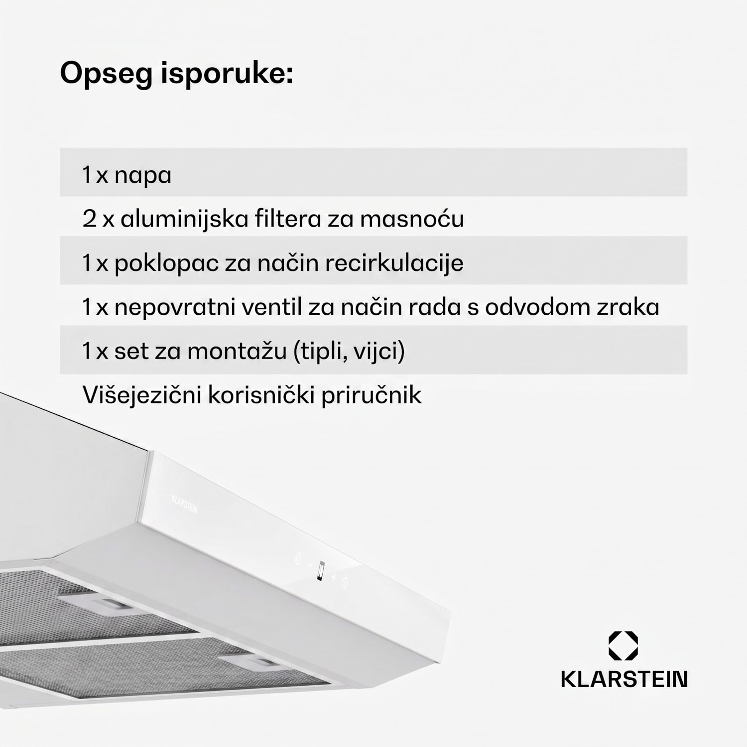 Contempo Neo, napa, ispod ormarića, recirkulacija, 199 m³/h, SenseControl, integrirana kontrola na dodir, nehrđajući čelik / akrilno staklo 