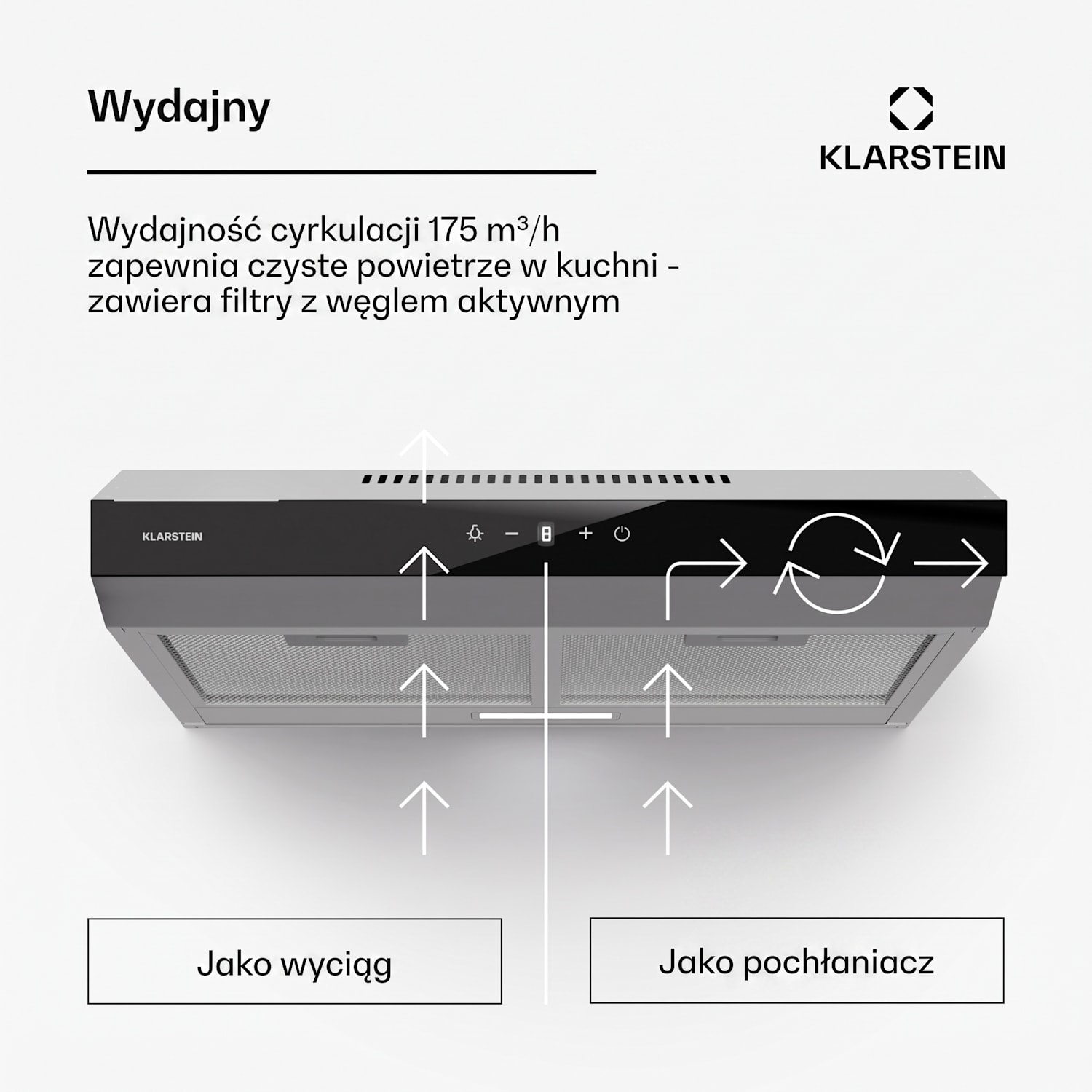 Contempo Neo, wyciąg podszafkowy do trybu powietrza odlotowego/recyrkulacji, wydajność wyciągu powietrza 175 m³/h, zintegrowane sterowanie dotykowe SenseControl 