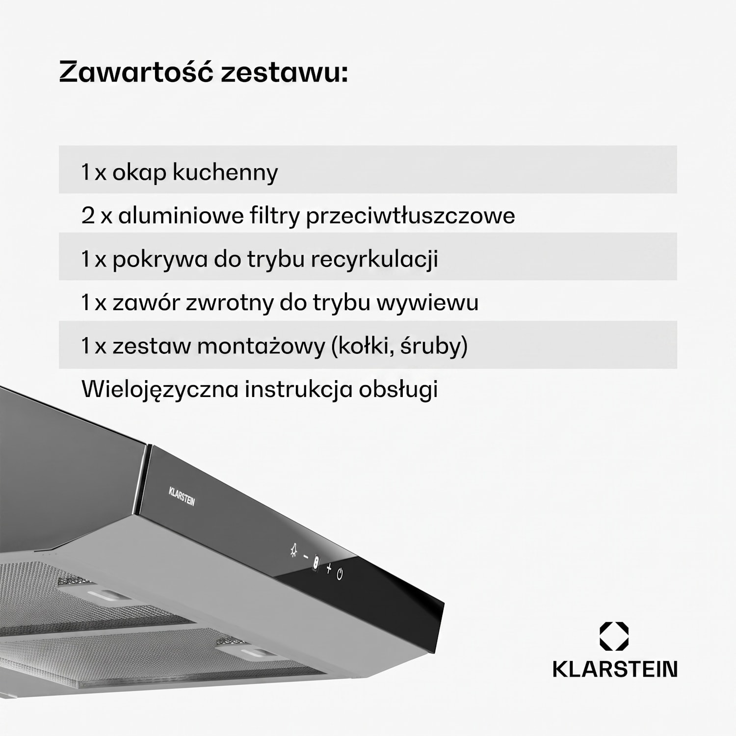 Contempo Neo, wyciąg podszafkowy do trybu powietrza odlotowego/recyrkulacji, wydajność wyciągu powietrza 175 m³/h, zintegrowane sterowanie dotykowe SenseControl 