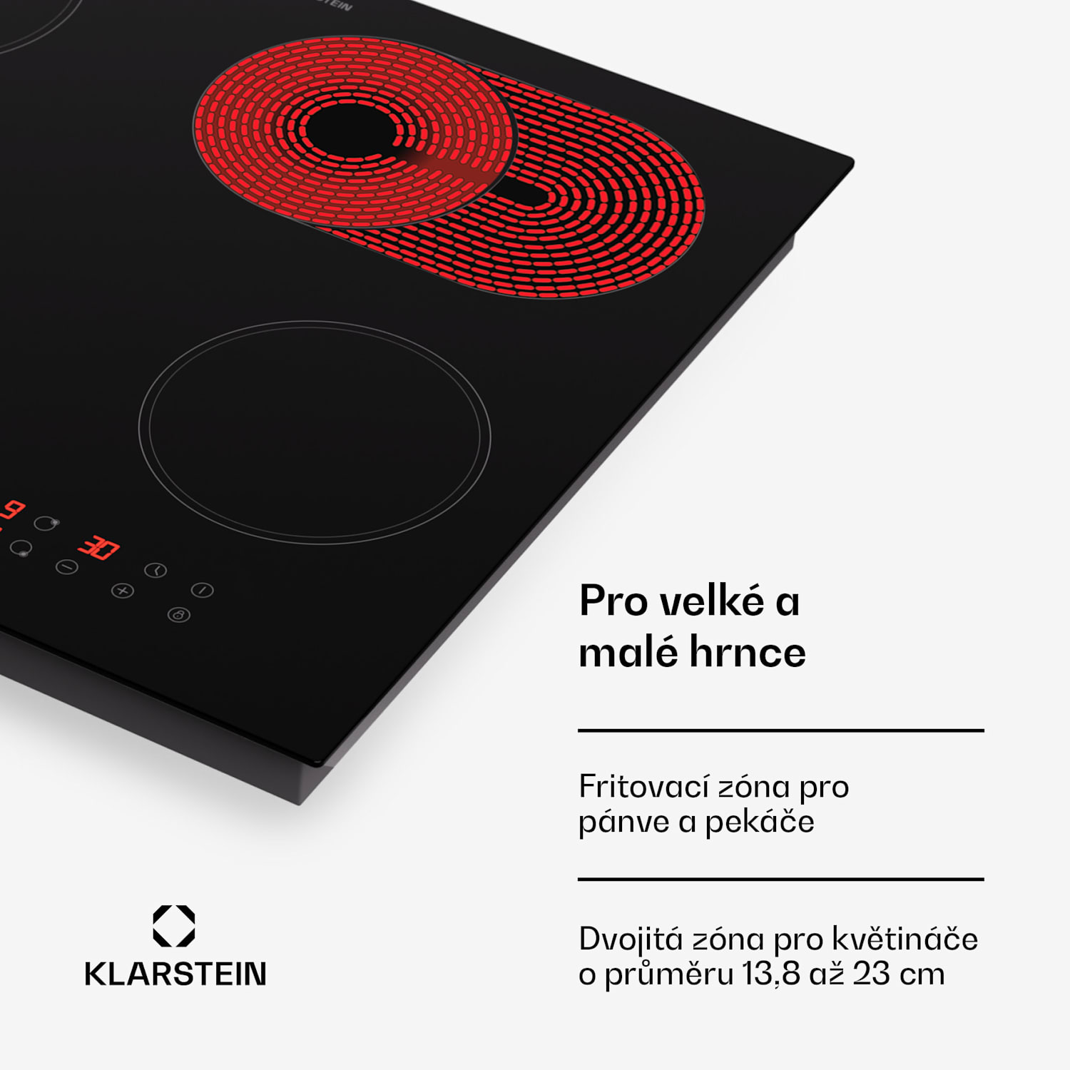 Virtuosa 4, varná deska, 60 cm, 6500 W, dvouzónová, Pluszone, časovač, sklokeramika 60 cm | Oválný/Trojitý | Bezrámový