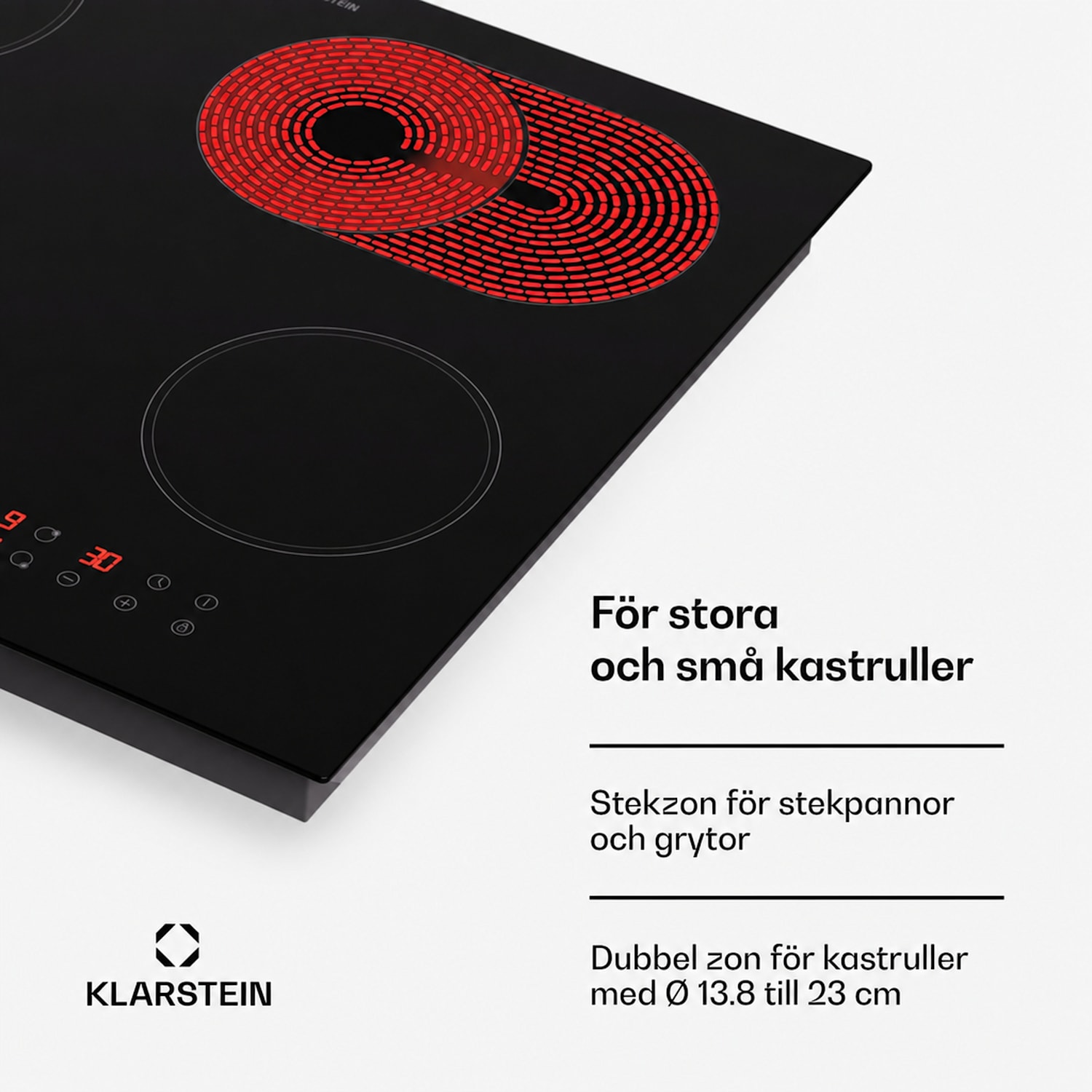 Virtuosa 4 spishäll 60 cm 6600 W Dualzone Pluszone timer glaskeramik  60 cm | Oval/Trippel | Ramlös