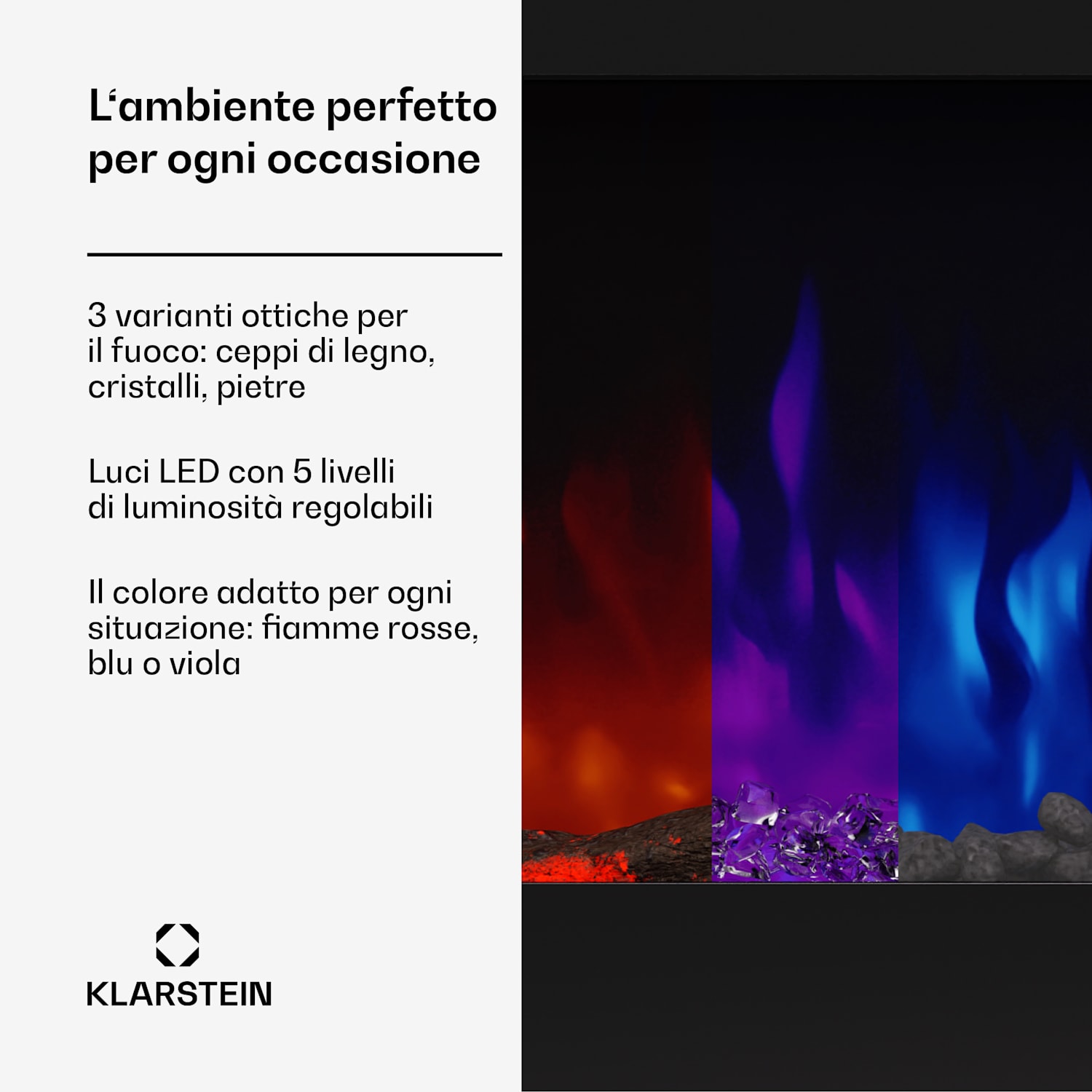 Galeras 152 - Camino elettrico da parete, 1800W, LED 152x47x12cm | No | Nero