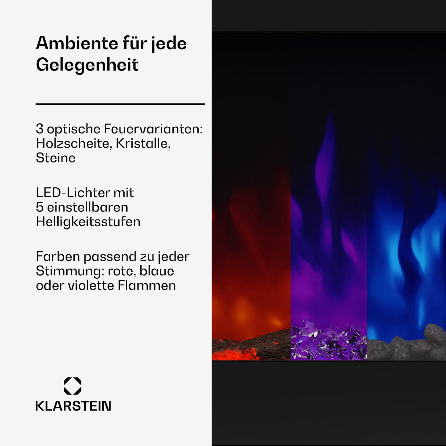 Galeras 178 - Camino elettrico da parete, 1800W, LED 178x47x12cm | No | Nero