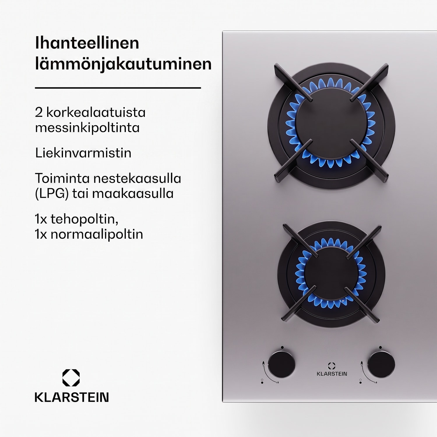Goldflame kaasuliesi 2-liekkinen messinkipolttimet ruostumaton teräs 30 cm | 2 poltinta | Hopea