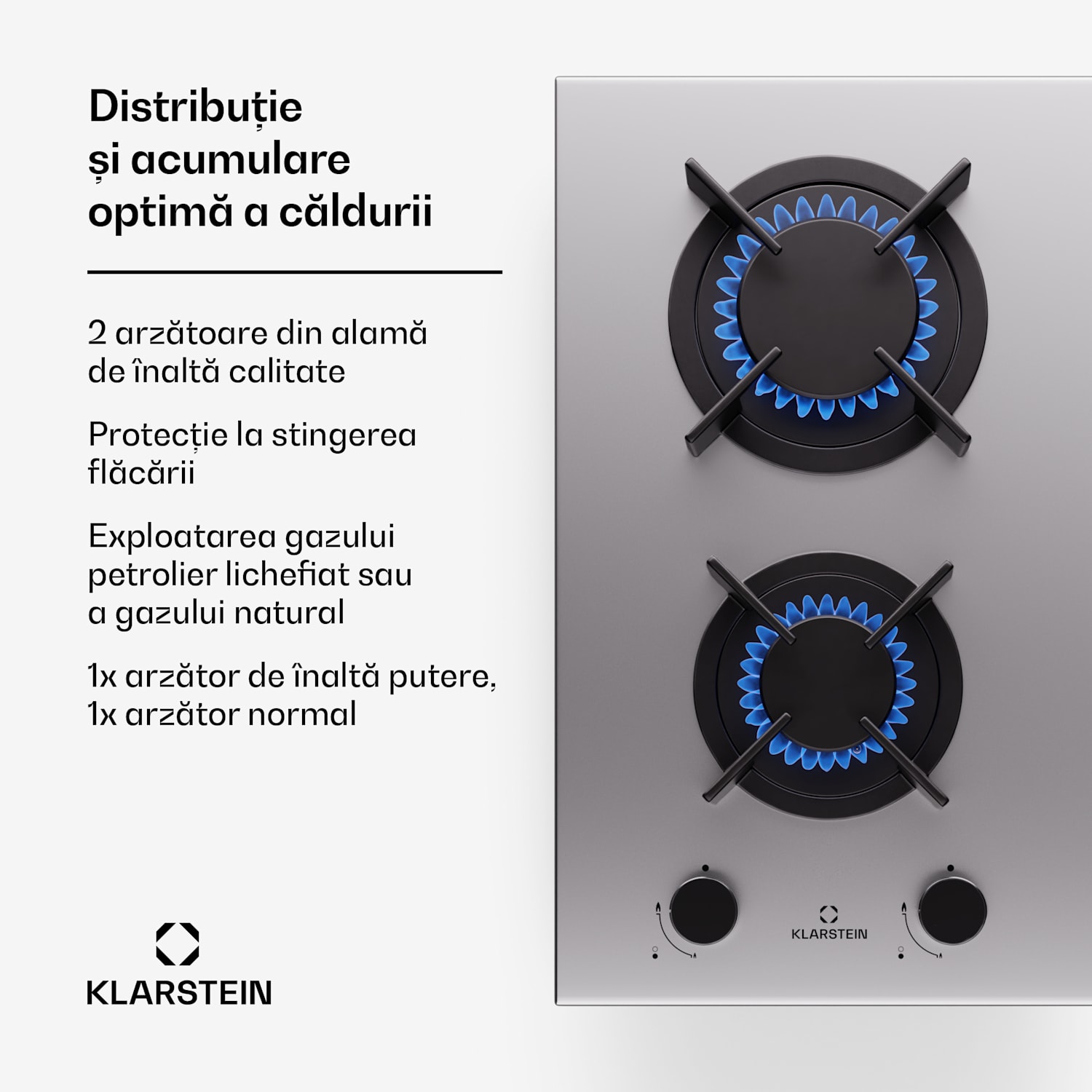 Goldflame, plită cu gaz, 2 arzătoare din alamă, oțel inoxidabil 30 cm | 2 arzatoare | Argintiu