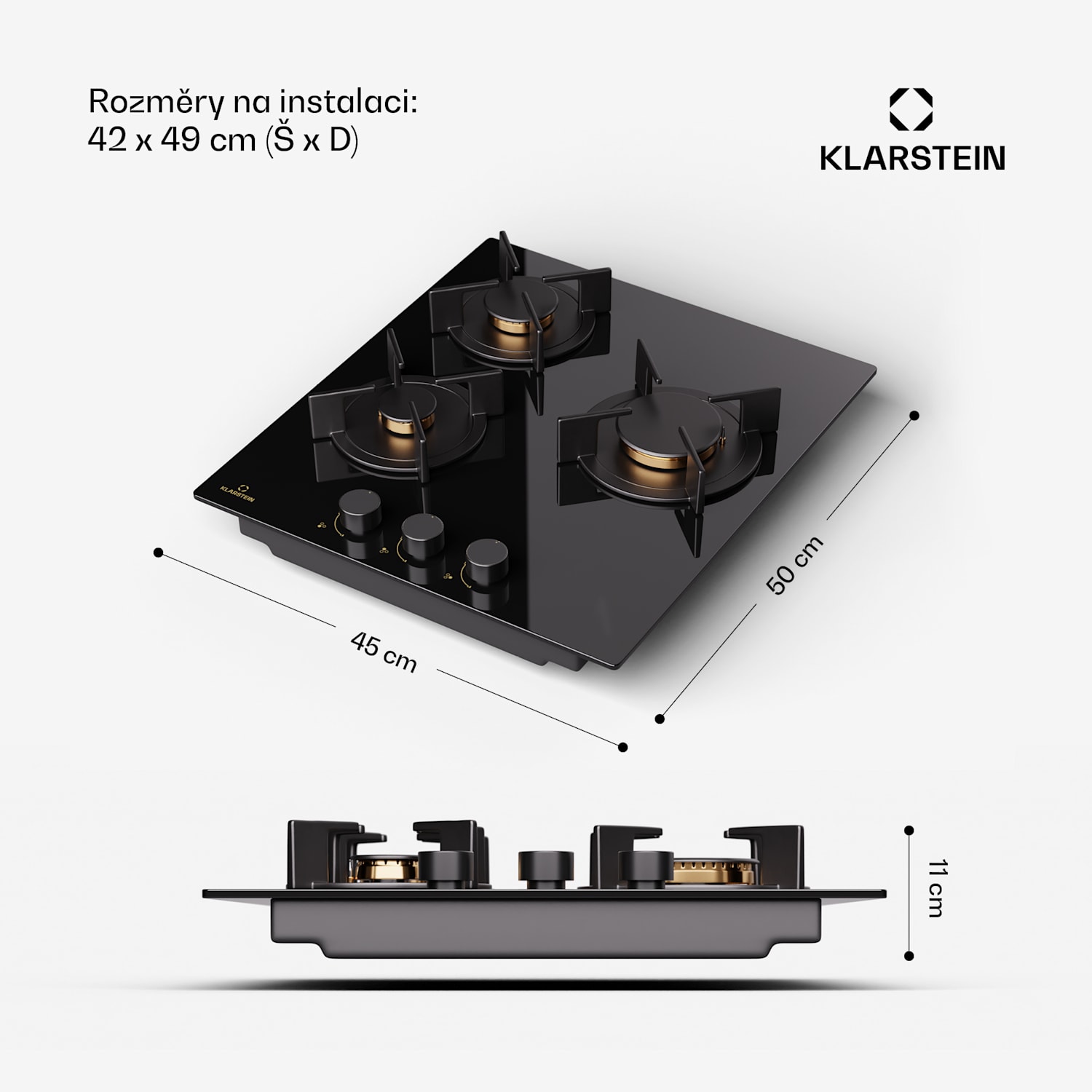 Goldflame Domino, plynová varná deska, 3 mosazné hořáky, nerezová ocel 45 cm | 3 hořák | Černá