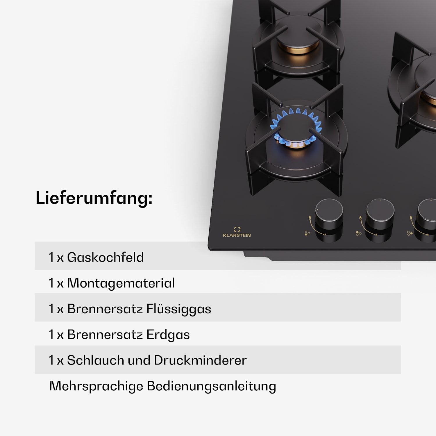 Goldflame - Piano cottura a gas, 3 fuochi, bruciatori in ottone, vetroceramica, nero 45 cm | 3 Bruciatore | Nero