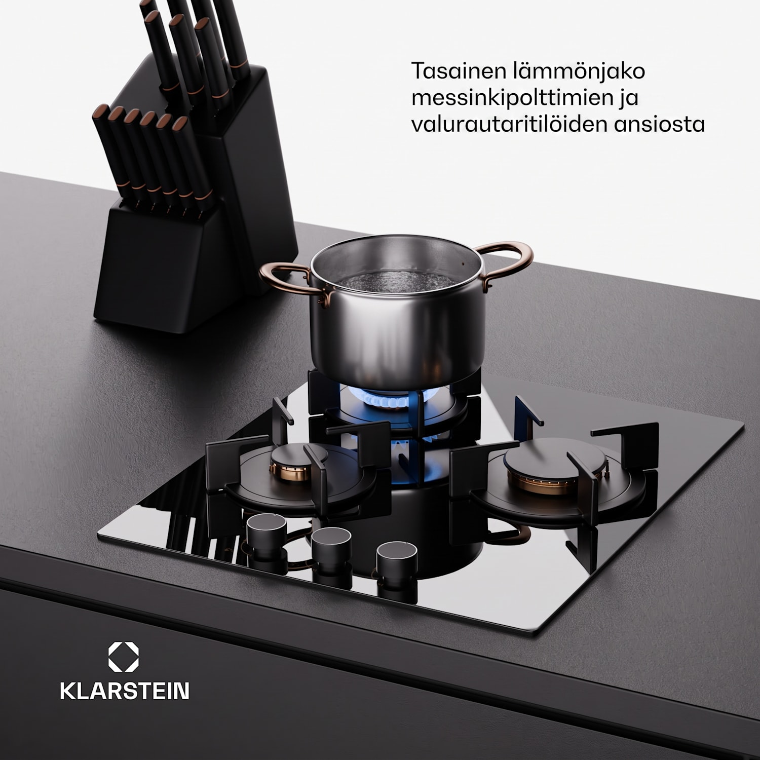 Goldflame kaasuliesi 3 liekkinen messinkipolttimet lasikeramiikka musta 45 cm | 3 poltin | Musta