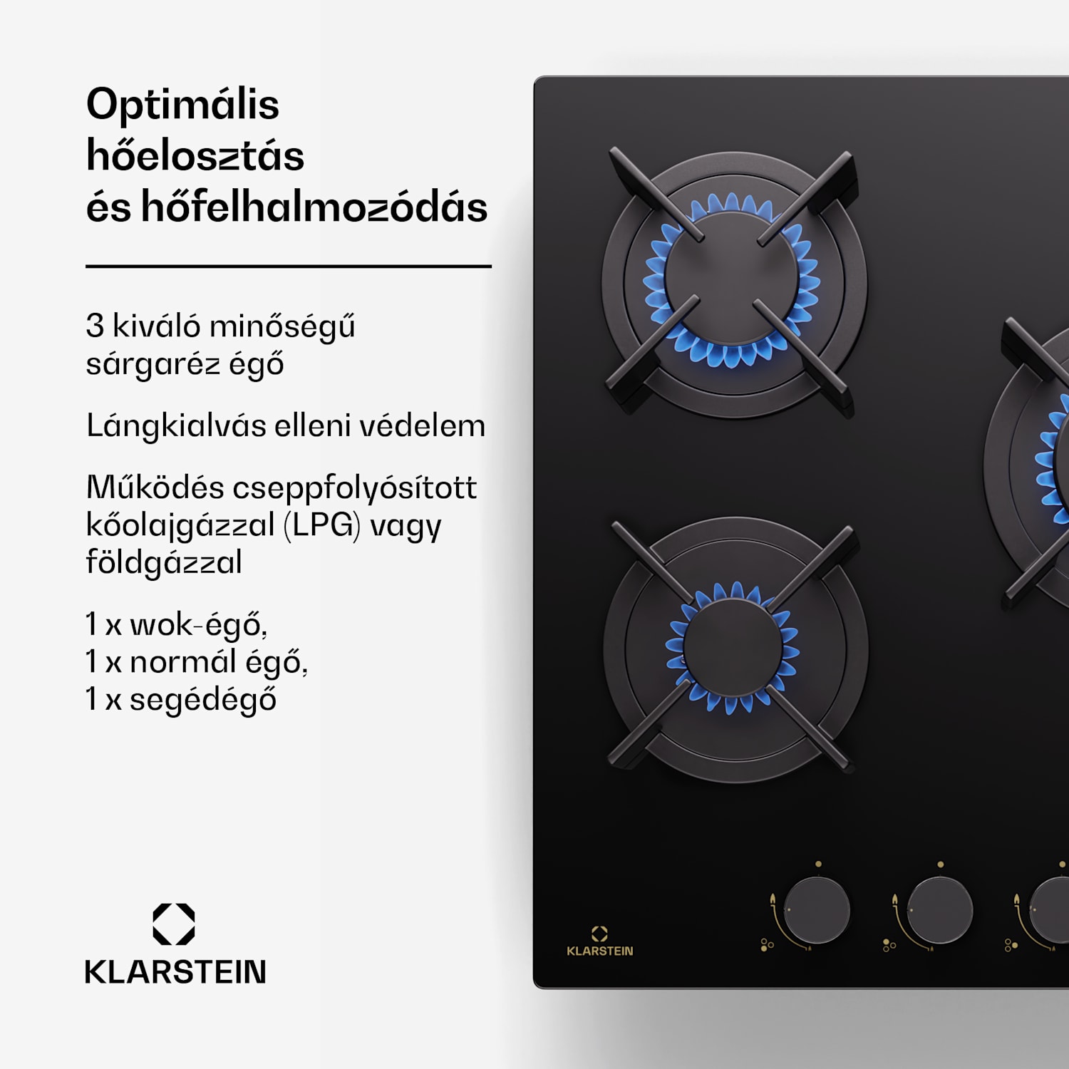 Goldflame Domino, gáz főzőlap, 3 sárgaréz égő, rozsdamentes acél 45 cm | 3 égő | Fekete