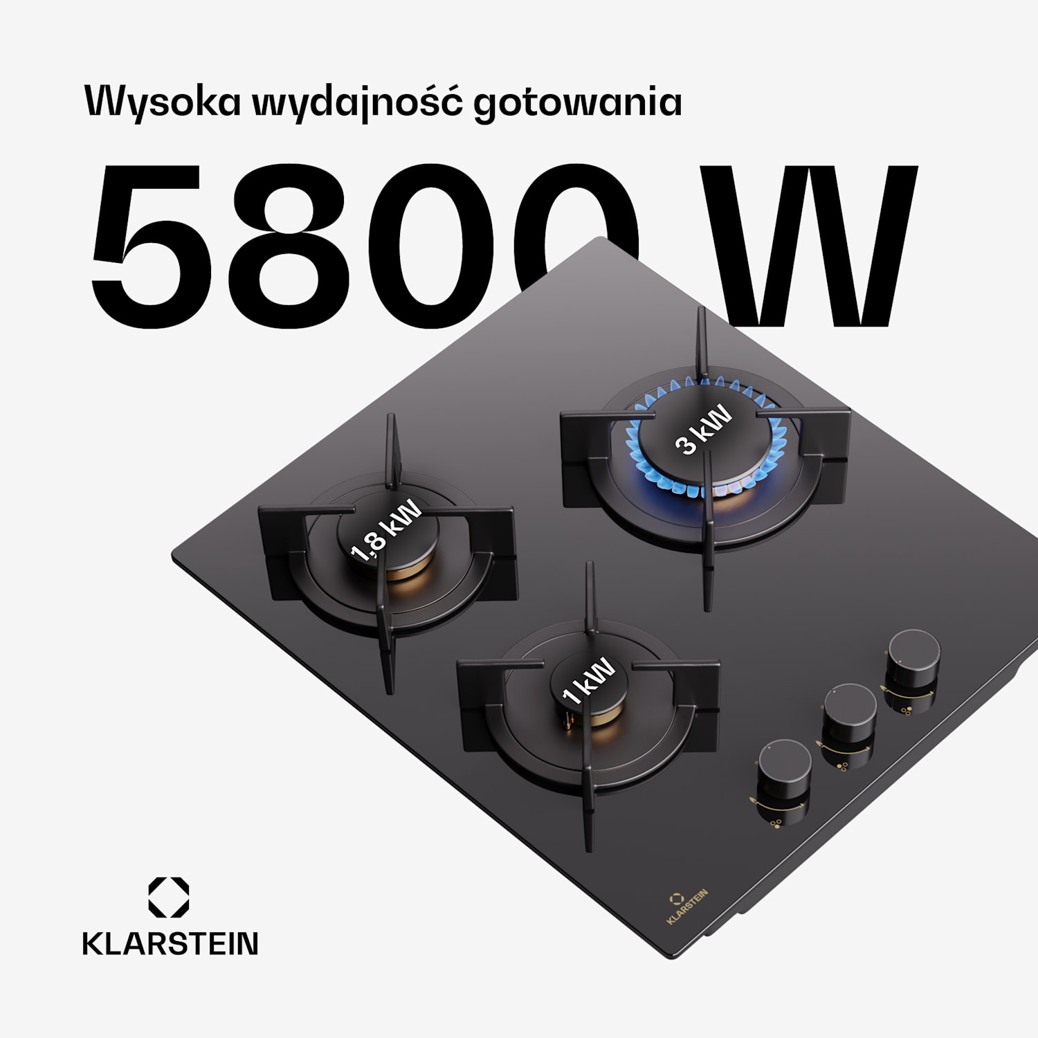 Goldflame, płyta gazowa, 3-palnikowa, mosiężne palniki, ceramika szklana, czarna 