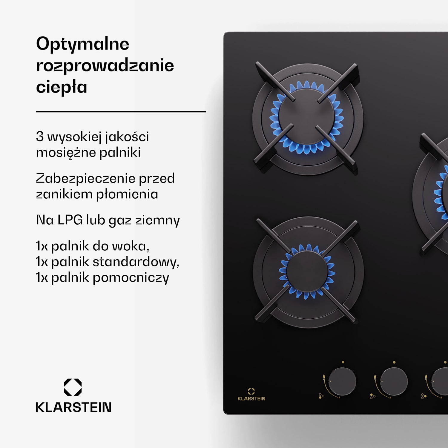 Goldflame, płyta gazowa, 3-palnikowa, mosiężne palniki, ceramika szklana, czarna 