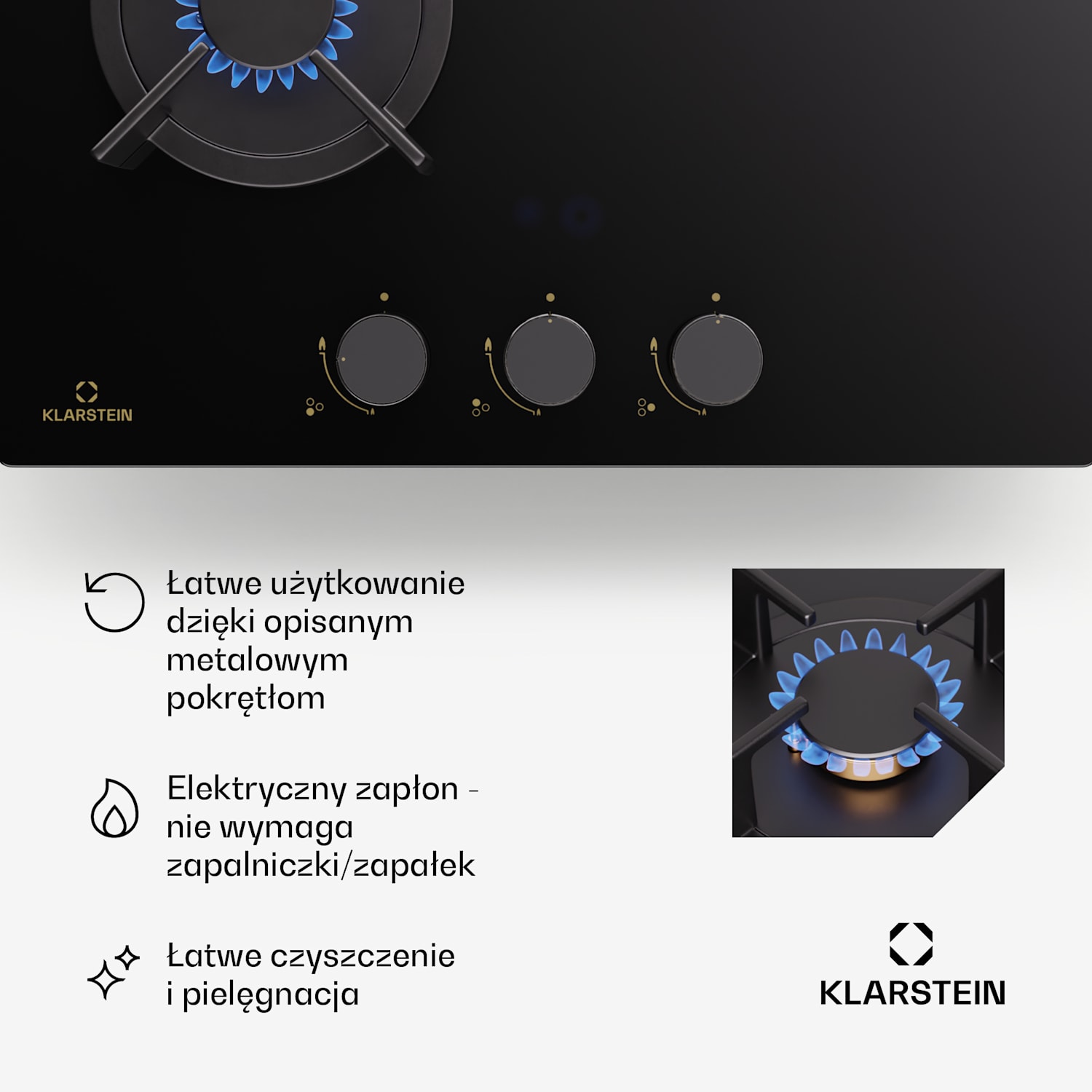 Goldflame, płyta gazowa, 3-palnikowa, mosiężne palniki, ceramika szklana, czarna 