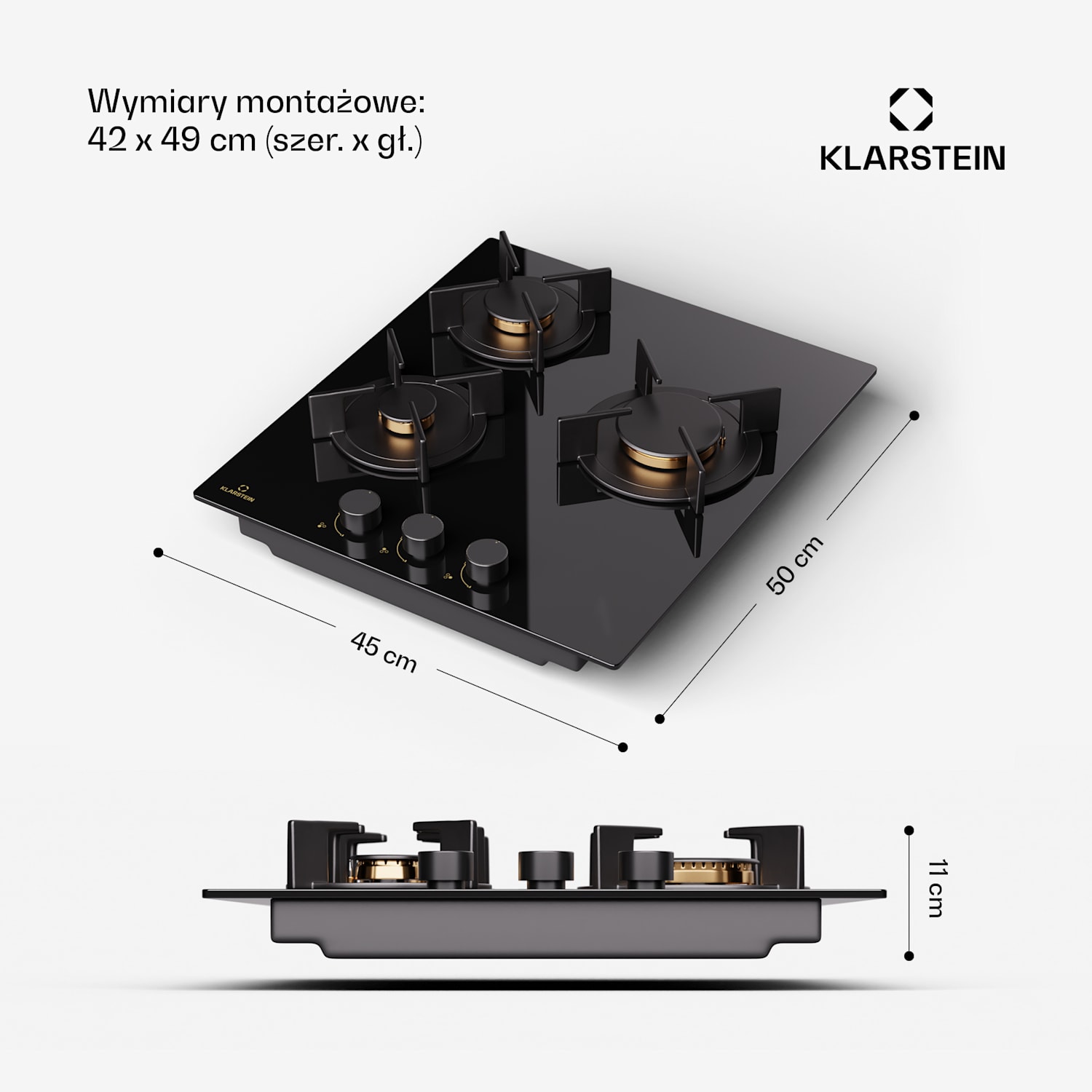 Goldflame, płyta gazowa, 3-palnikowa, mosiężne palniki, ceramika szklana, czarna 