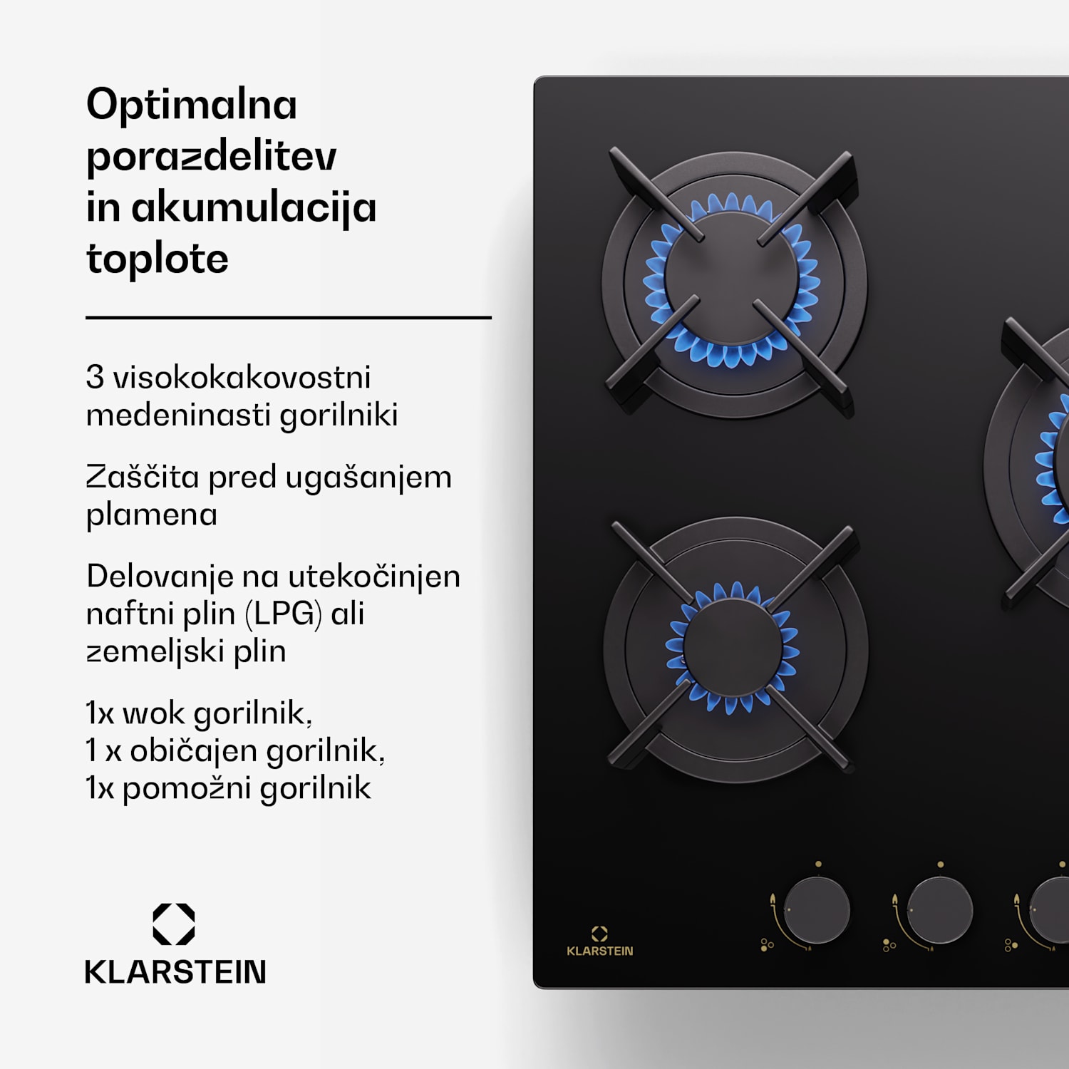 Goldflame, plinska kuhalna plošča, 3 medeninasti gorilniki, nerjaveče jeklo 