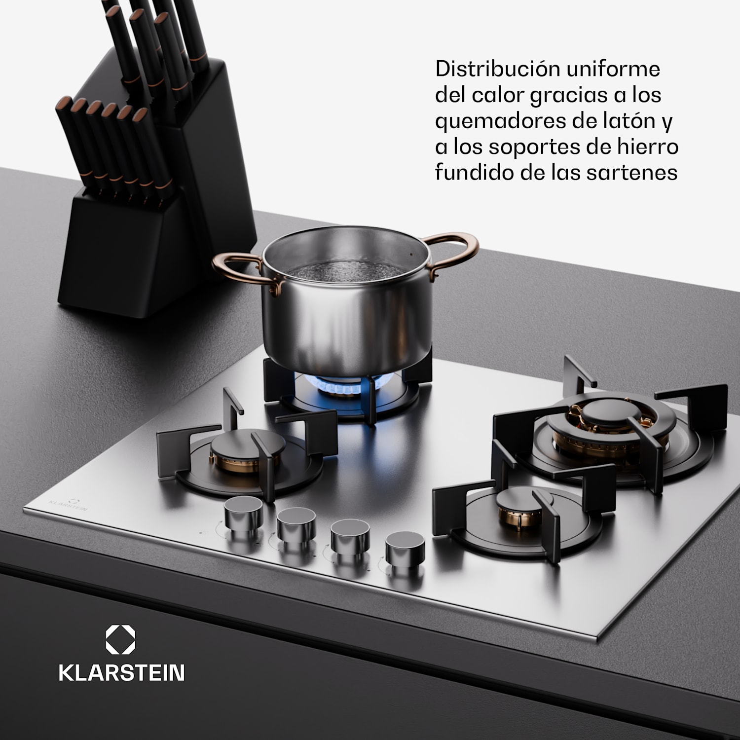  Placa de gas Klarstein Goldflame 4 quemadores autosuficiente gas natural/gas propano acero inoxidable 60 cm | 4 fogones | Plata