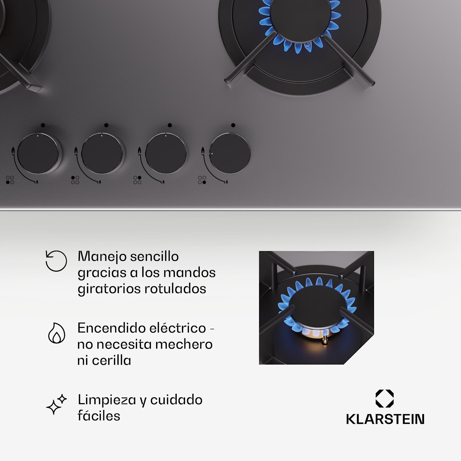  Placa de gas Klarstein Goldflame 4 quemadores autosuficiente gas natural/gas propano acero inoxidable 60 cm | 4 fogones | Plata