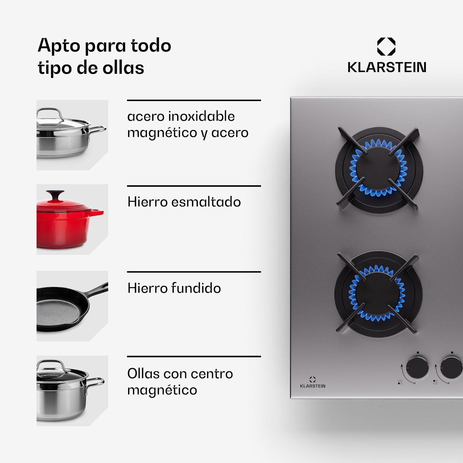  Placa de gas Klarstein Goldflame 4 quemadores autosuficiente gas natural/gas propano acero inoxidable 60 cm | 4 fogones | Plata