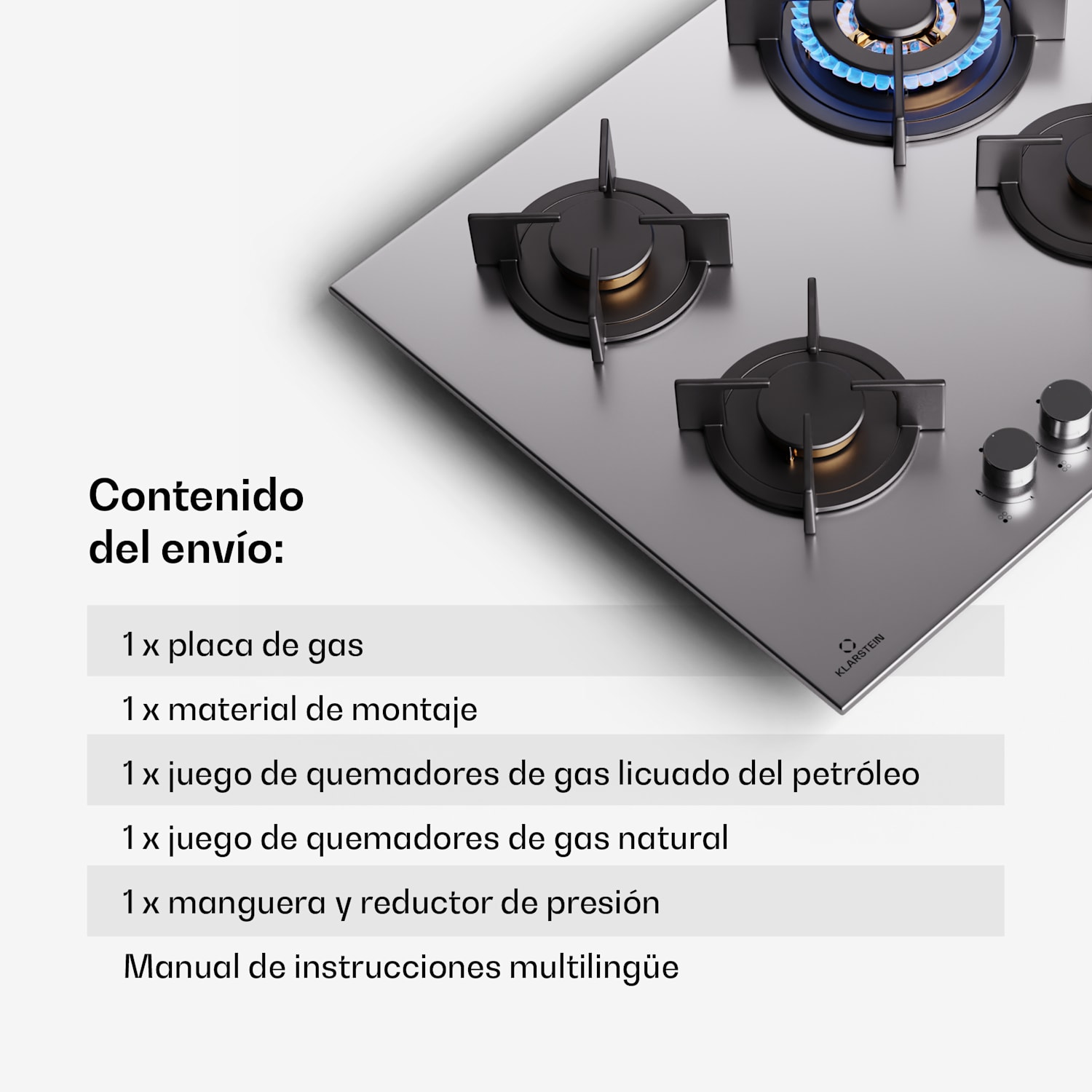  Placa de gas Klarstein Goldflame 4 quemadores autosuficiente gas natural/gas propano acero inoxidable 60 cm | 4 fogones | Plata