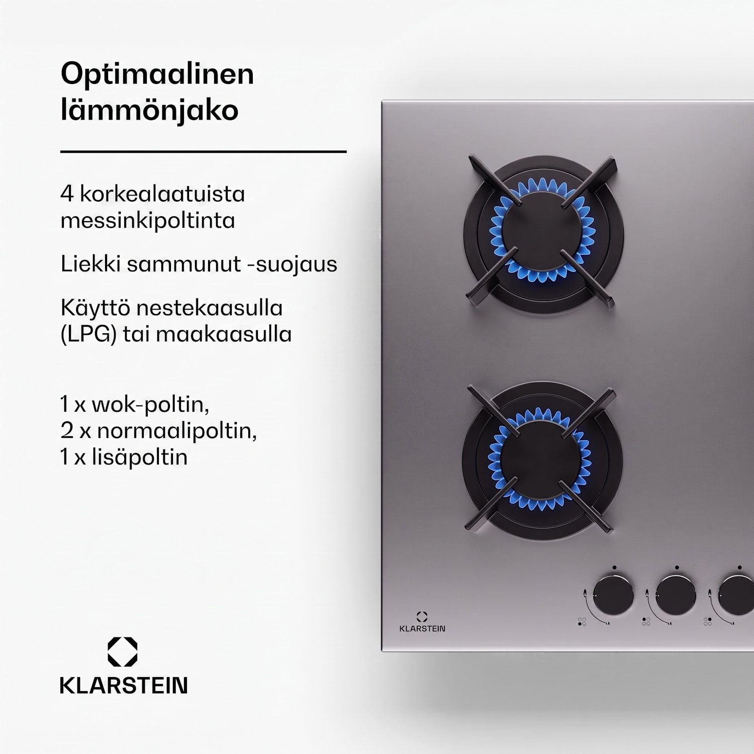 Goldflame 4 kaasuliesi 4-polttimoinen itsenäinen maakaasu/propaaniteräs 60 cm | 4 poltinta | Hopea