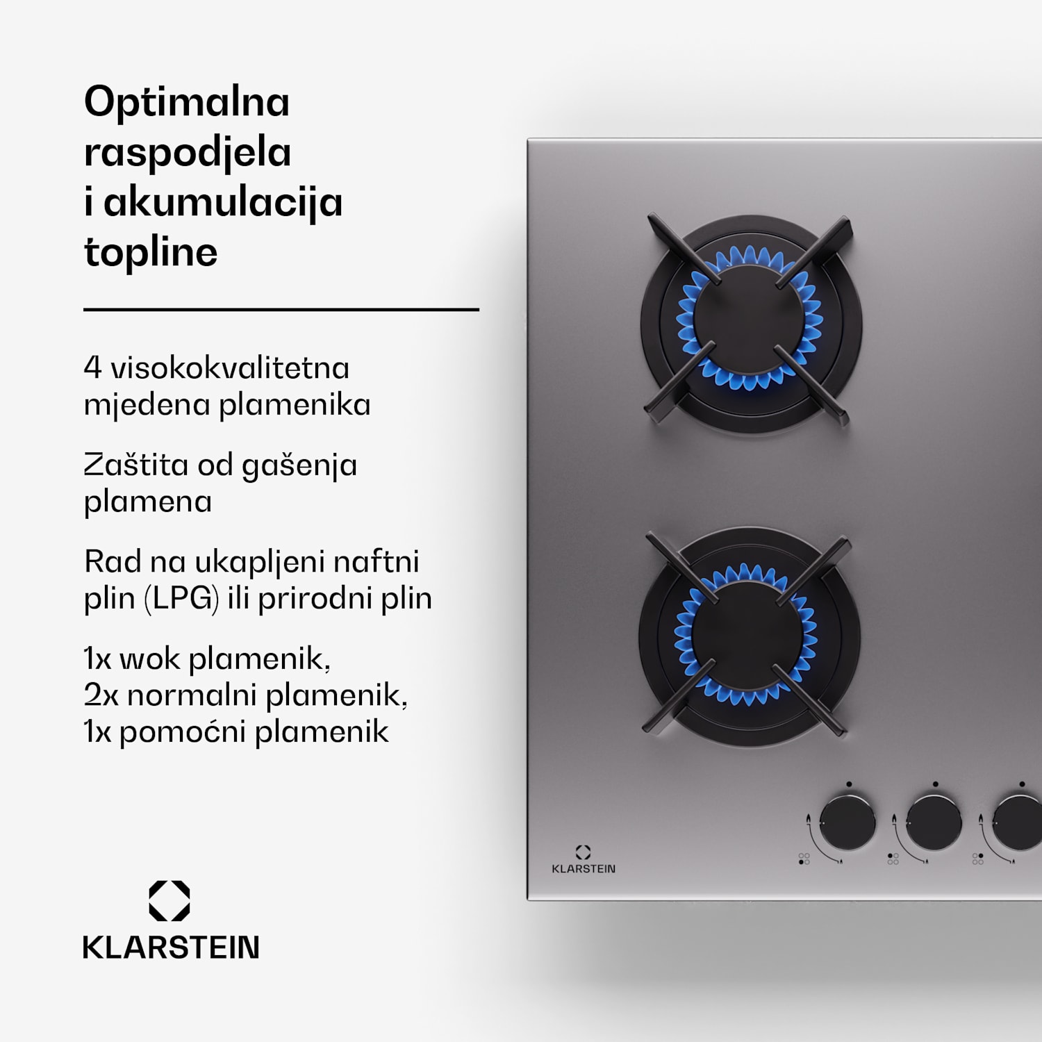 Goldflame 4 Plinska ploča za kuhanje 4 plamenika Samostalni prirodni plin/propan od nehrđajućeg čelika 60 cm | 4 plamenika | Srebro